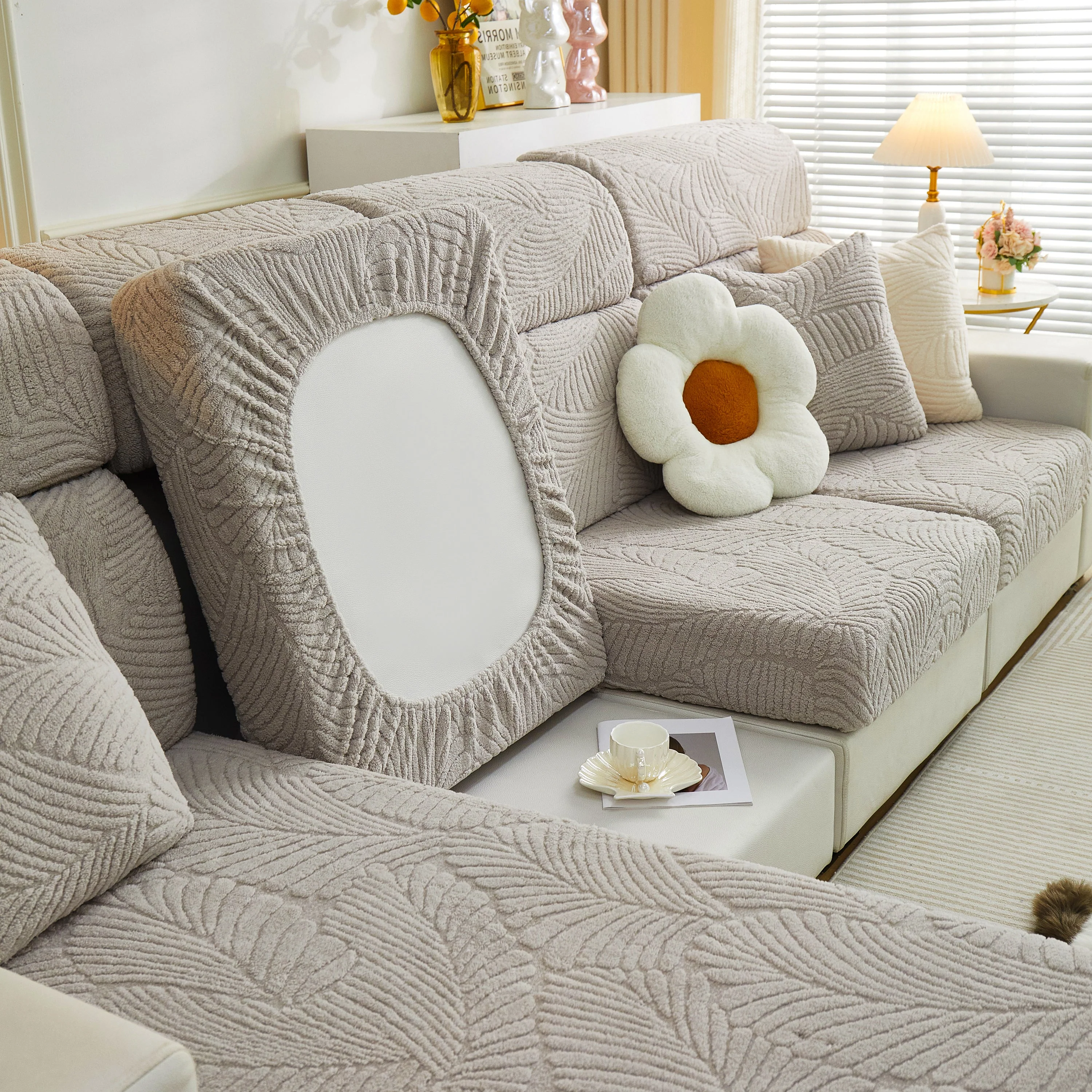 Cozy Plush Coral Fleece Sofa Cushion Slipcovers, Stretch Leaves Cushion Covers, Furniture Slipcovers - Image 143