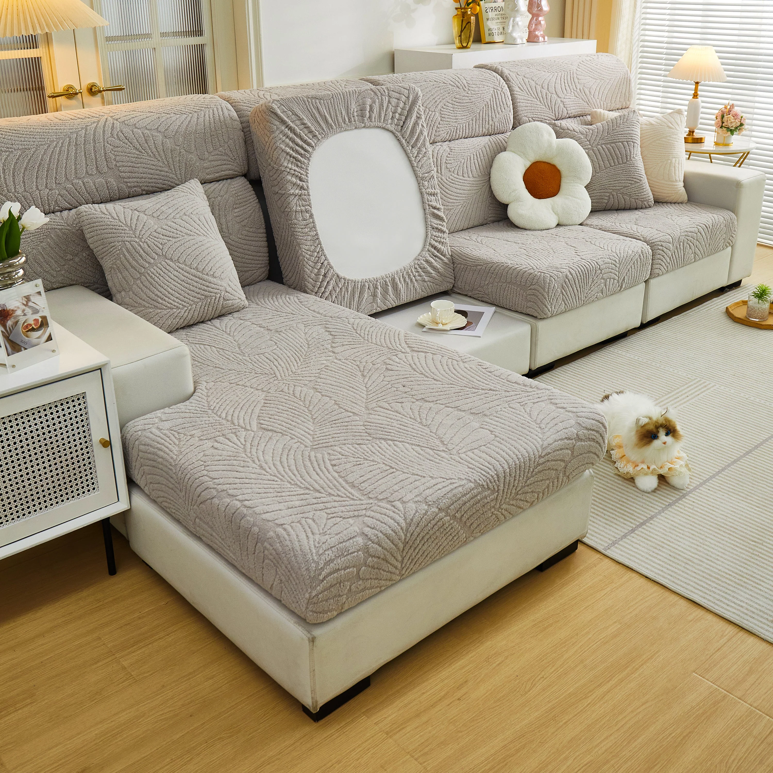 Cozy Plush Coral Fleece Sofa Cushion Slipcovers, Stretch Leaves Cushion Covers, Furniture Slipcovers - Image 144