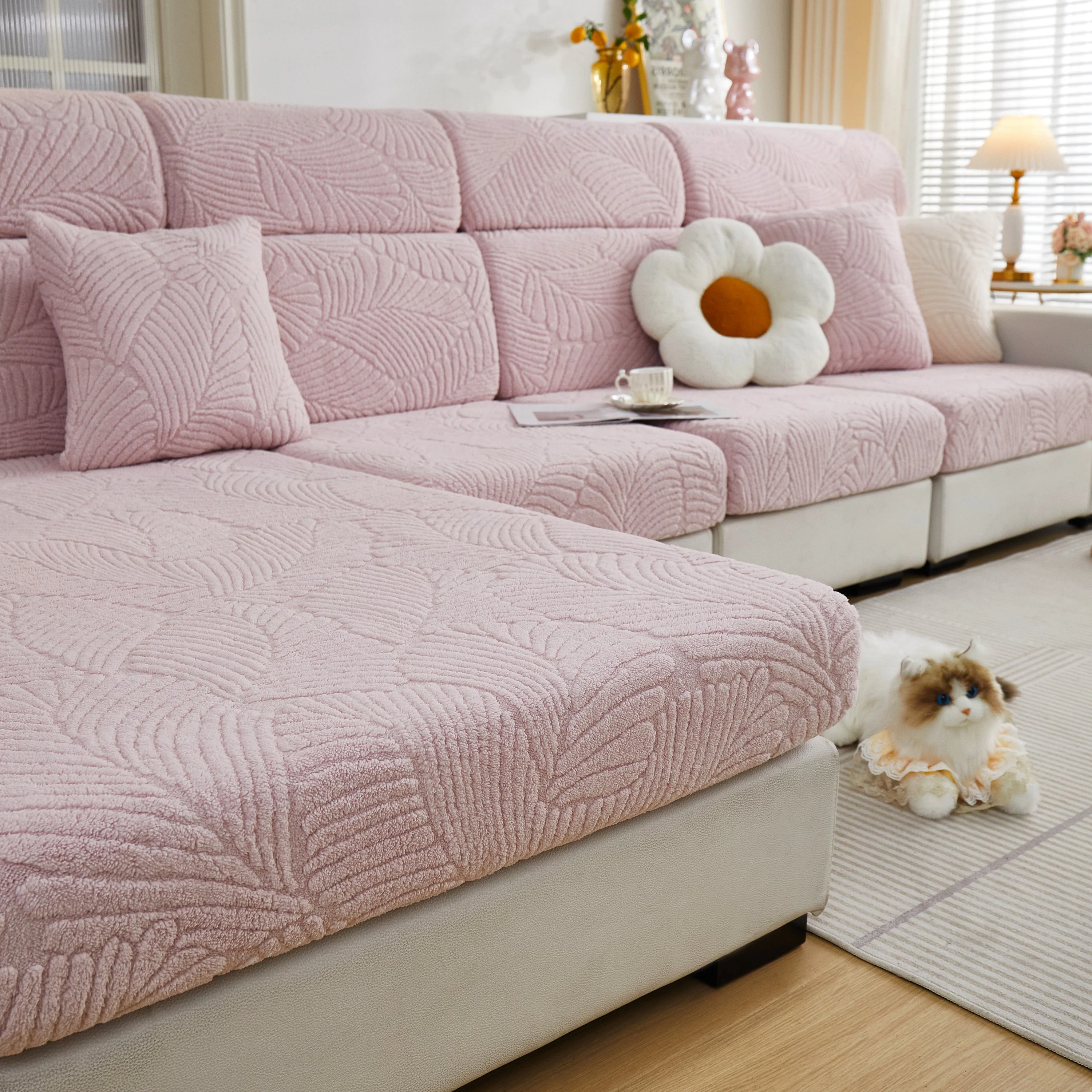 Cozy Plush Coral Fleece Sofa Cushion Slipcovers, Stretch Leaves Cushion Covers, Furniture Slipcovers - Image 30