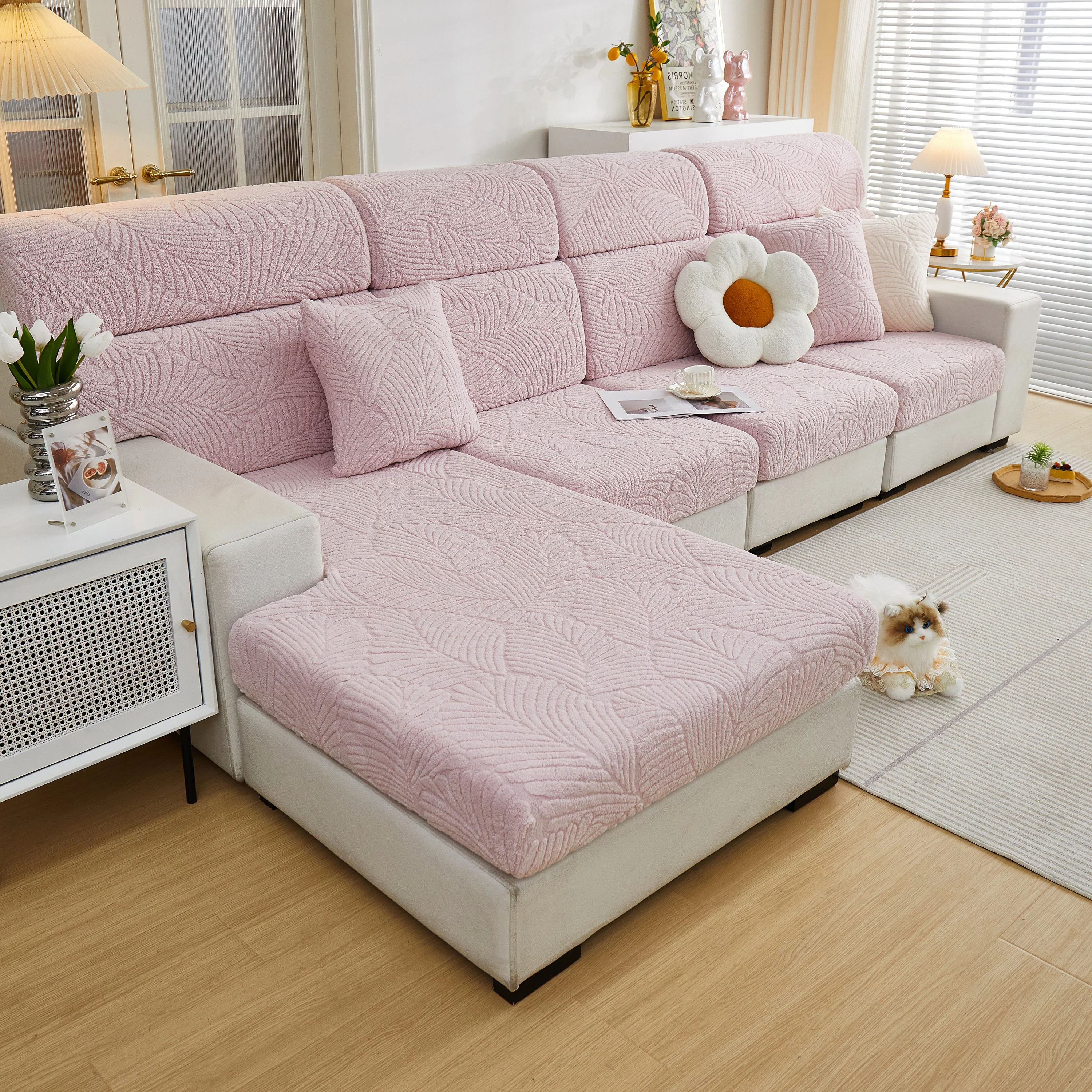 Cozy Plush Coral Fleece Sofa Cushion Slipcovers, Stretch Leaves Cushion Covers, Furniture Slipcovers - Image 31