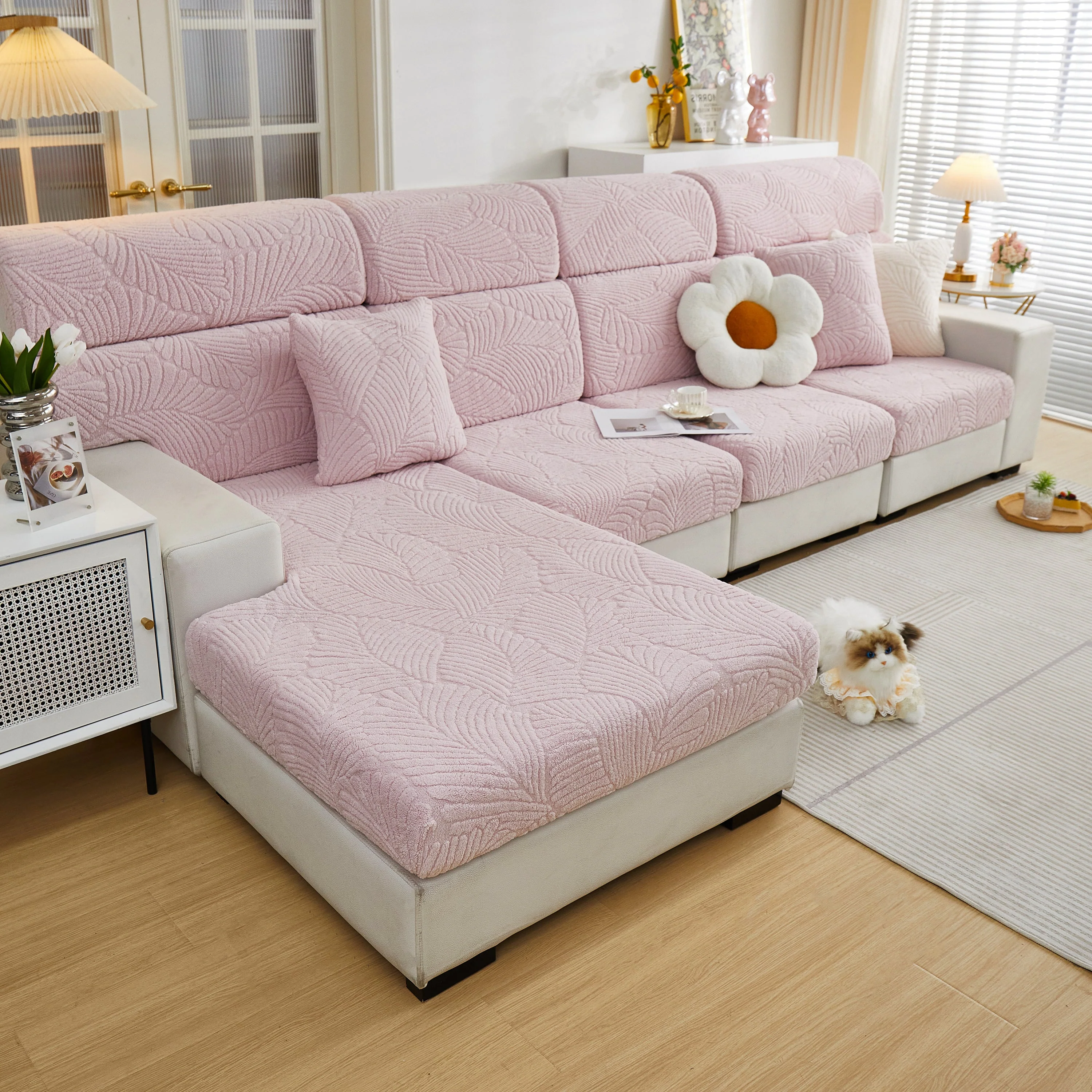 Cozy Plush Coral Fleece Sofa Cushion Slipcovers, Stretch Leaves Cushion Covers, Furniture Slipcovers - Image 32