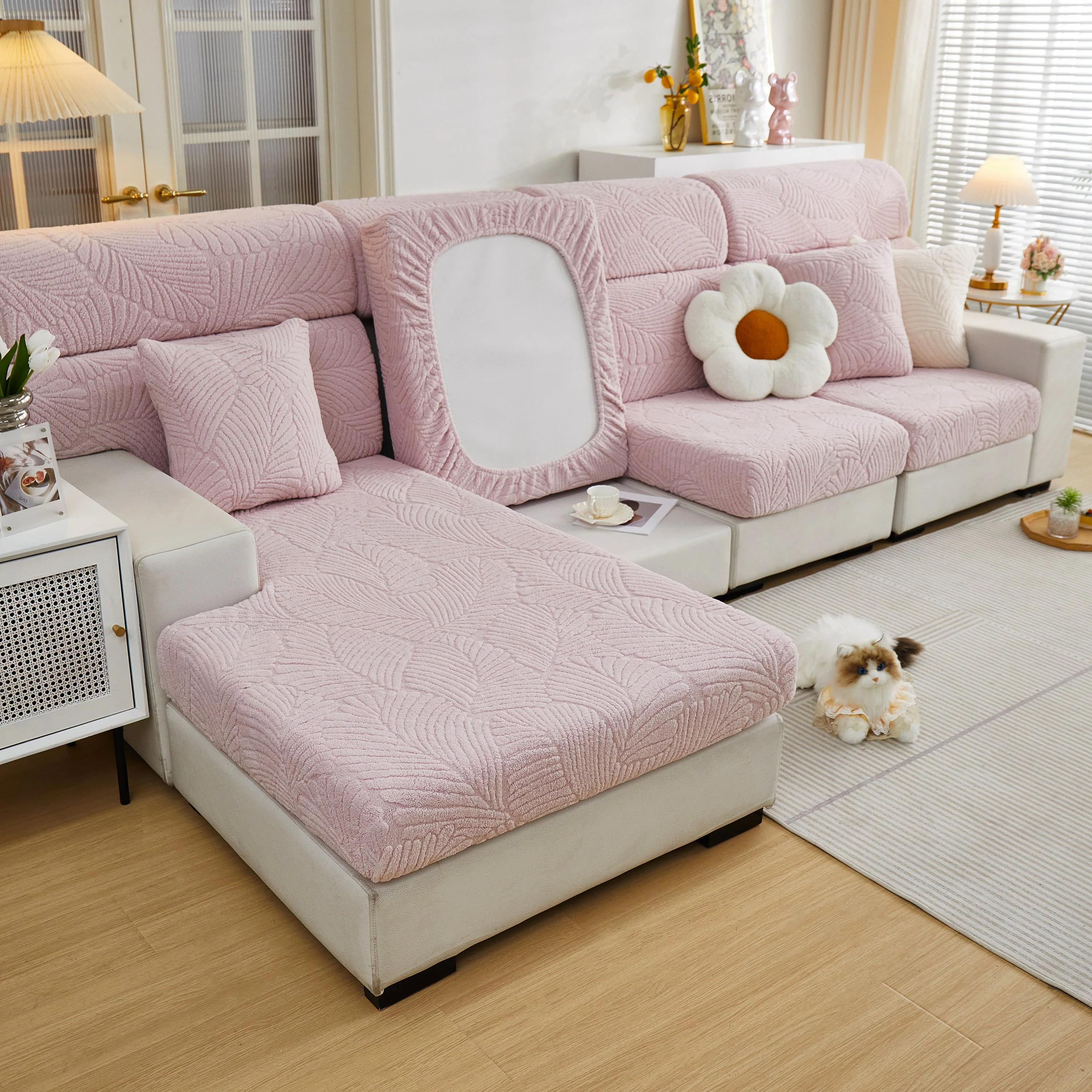 Cozy Plush Coral Fleece Sofa Cushion Slipcovers, Stretch Leaves Cushion Covers, Furniture Slipcovers - Image 43