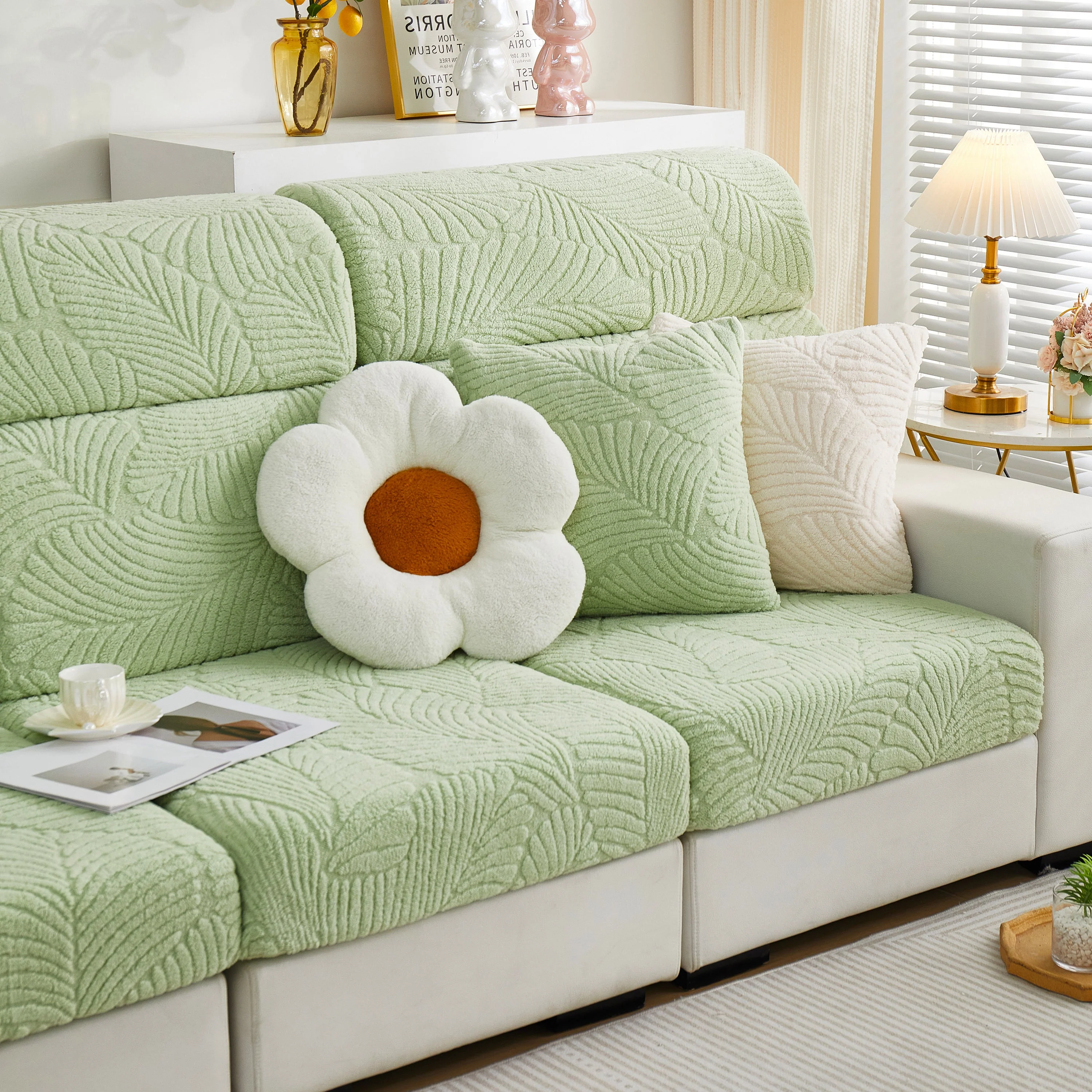 Cozy Plush Coral Fleece Sofa Cushion Slipcovers, Stretch Leaves Cushion Covers, Furniture Slipcovers - Image 48