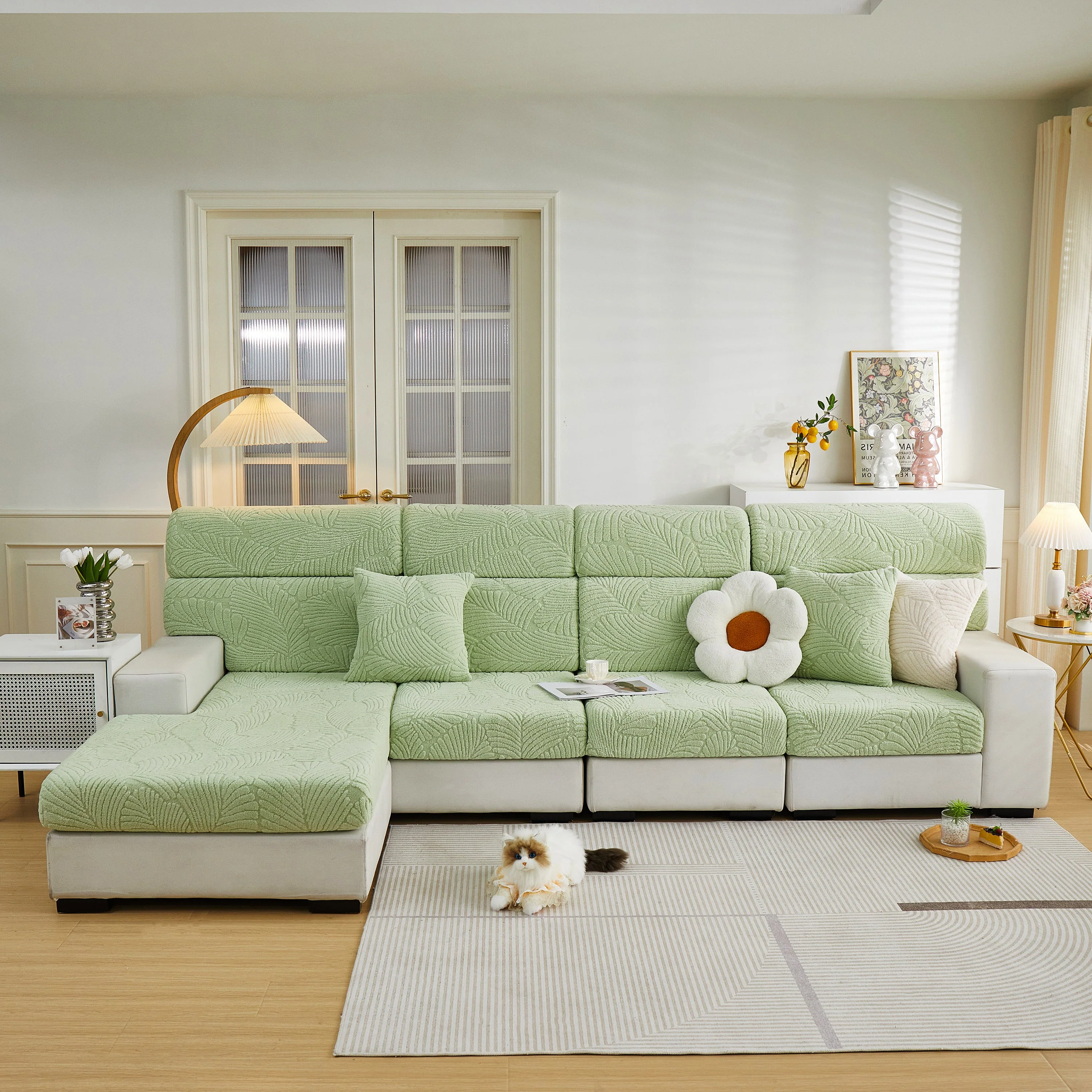 Cozy Plush Coral Fleece Sofa Cushion Slipcovers, Stretch Leaves Cushion Covers, Furniture Slipcovers - Image 49