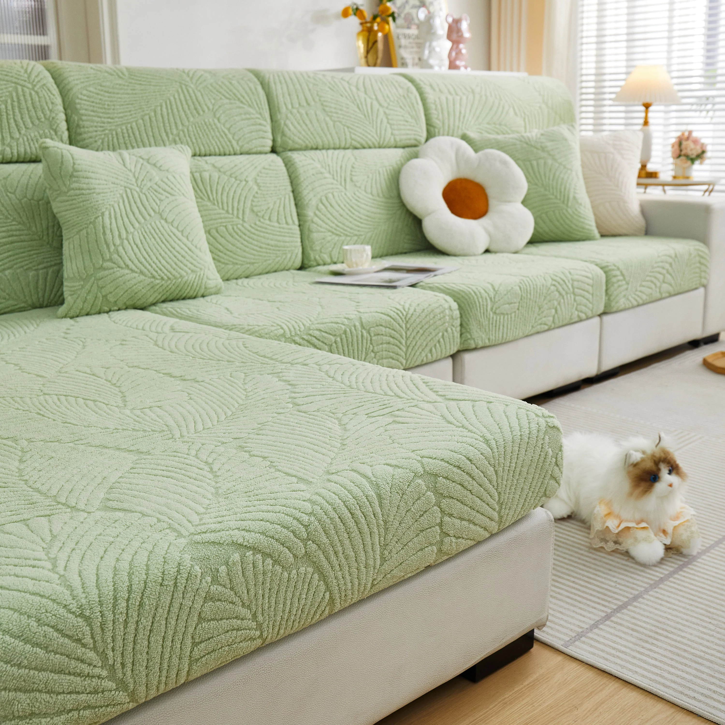 Cozy Plush Coral Fleece Sofa Cushion Slipcovers, Stretch Leaves Cushion Covers, Furniture Slipcovers - Image 50