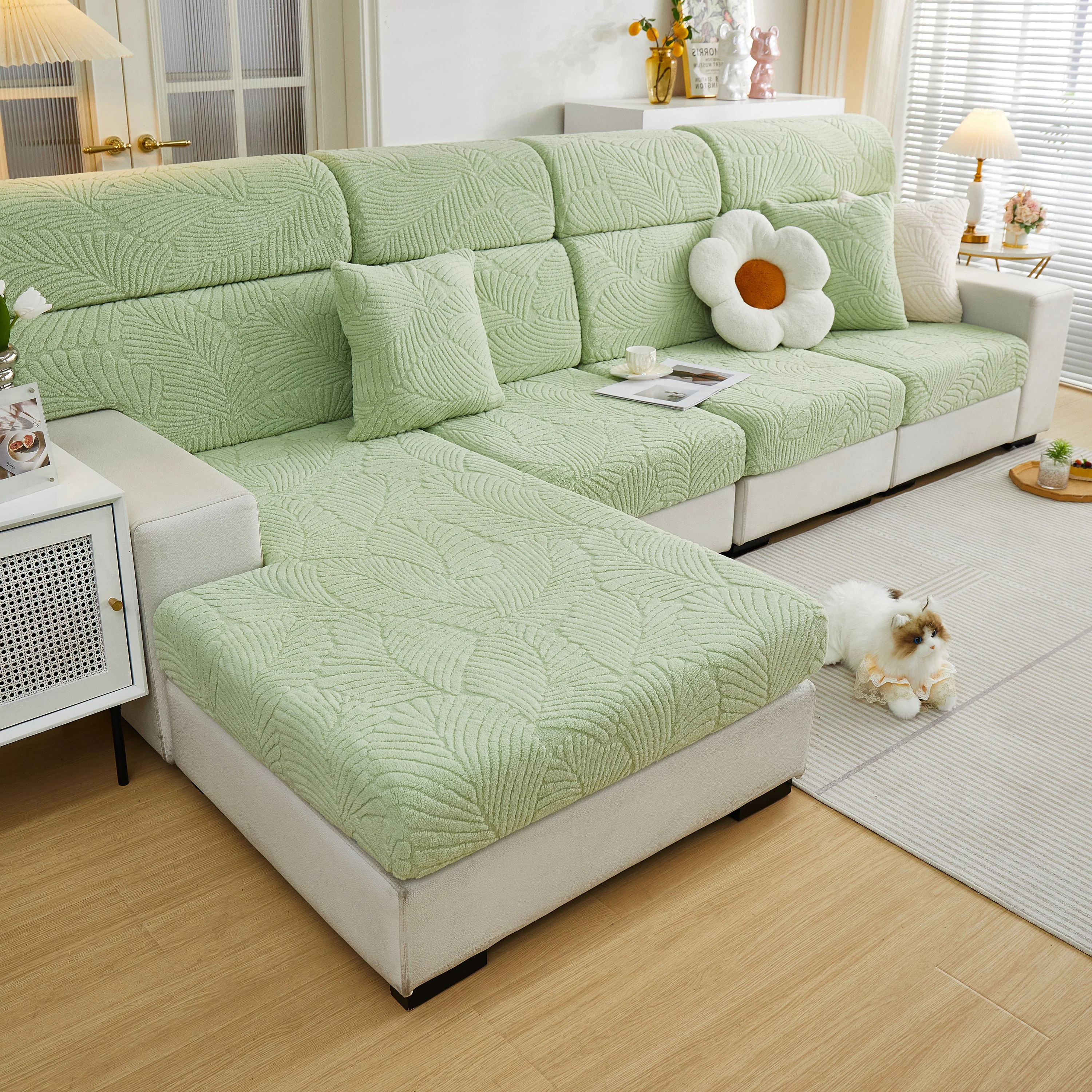 Cozy Plush Coral Fleece Sofa Cushion Slipcovers, Stretch Leaves Cushion Covers, Furniture Slipcovers - Image 51