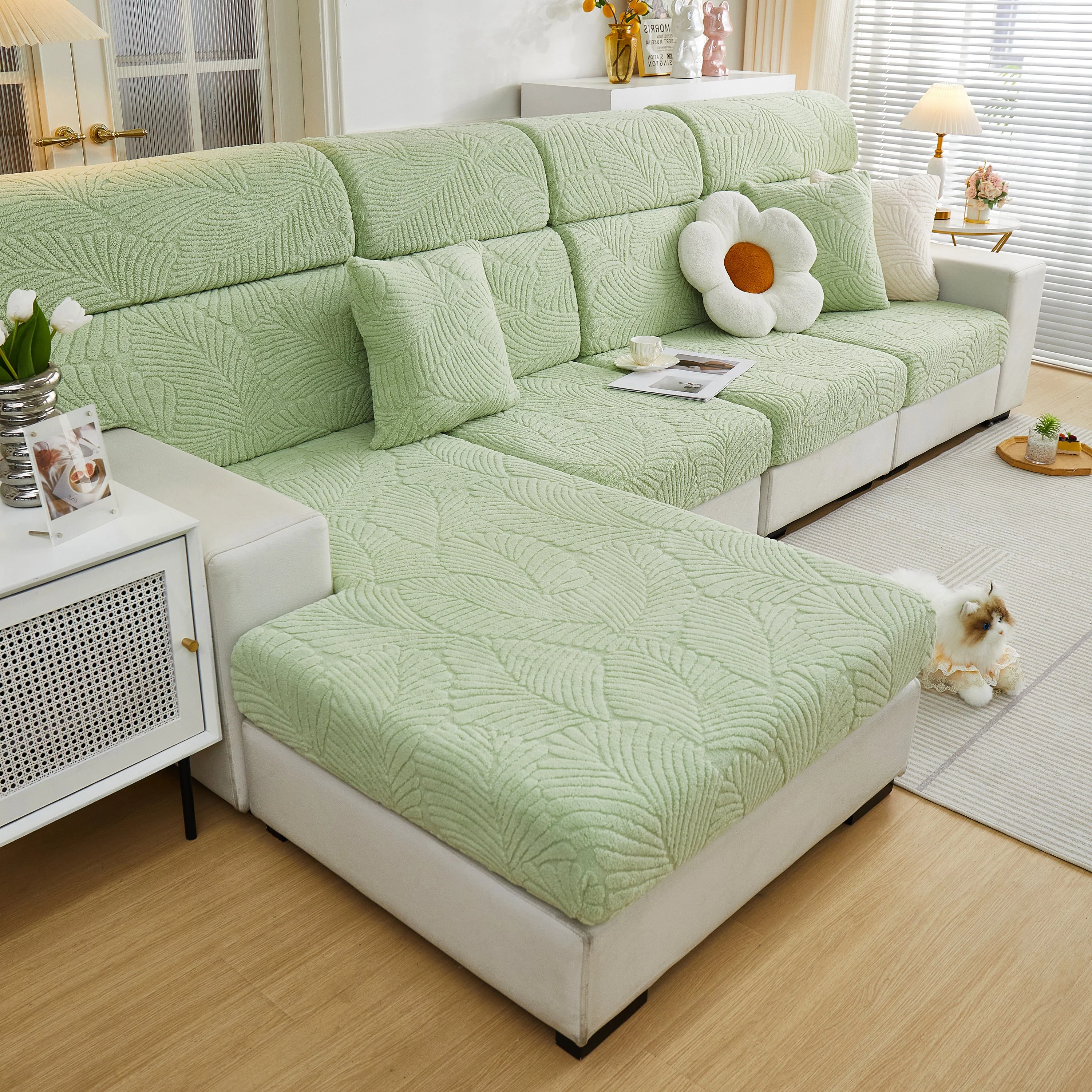 Cozy Plush Coral Fleece Sofa Cushion Slipcovers, Stretch Leaves Cushion Covers, Furniture Slipcovers - Image 52