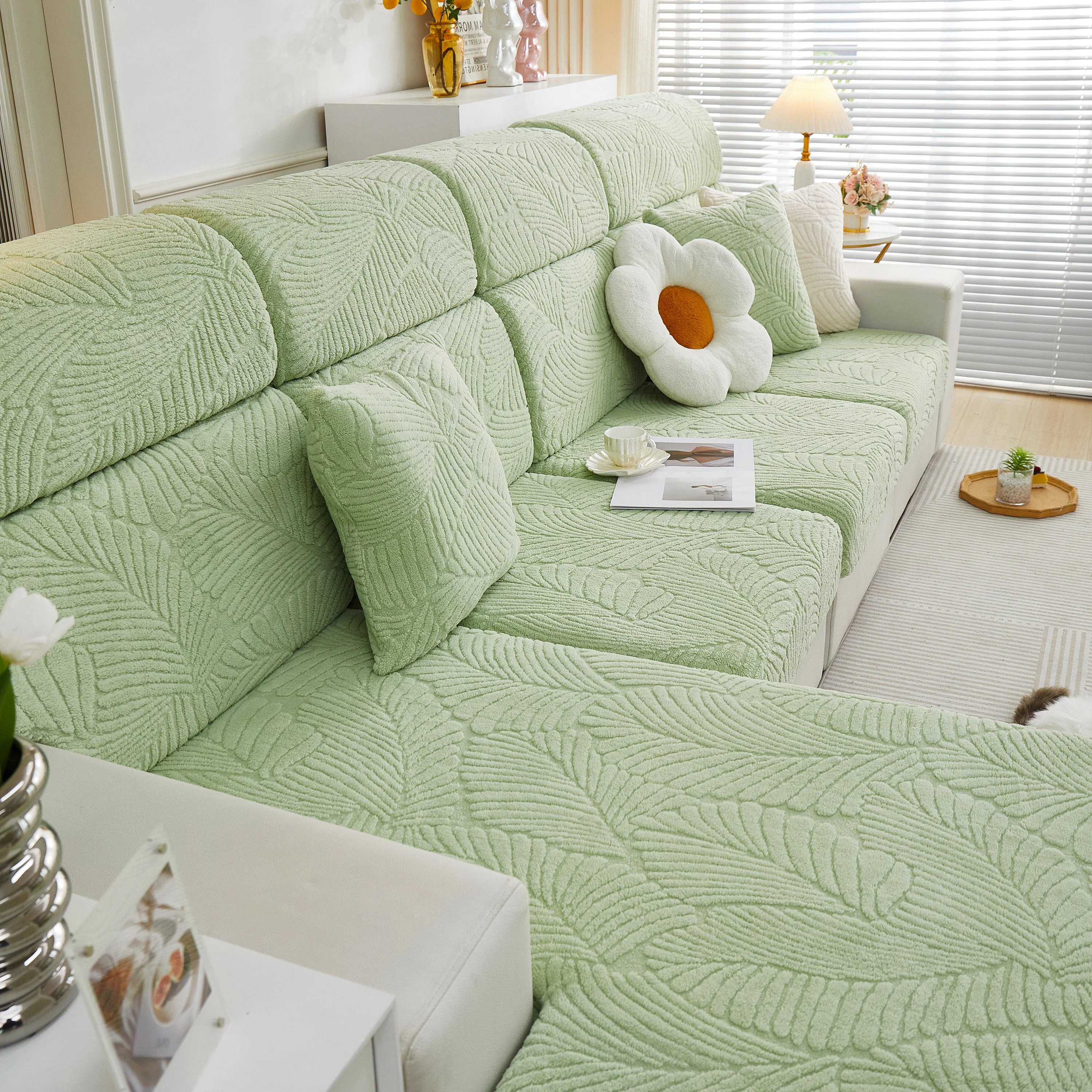 Cozy Plush Coral Fleece Sofa Cushion Slipcovers, Stretch Leaves Cushion Covers, Furniture Slipcovers - Image 54