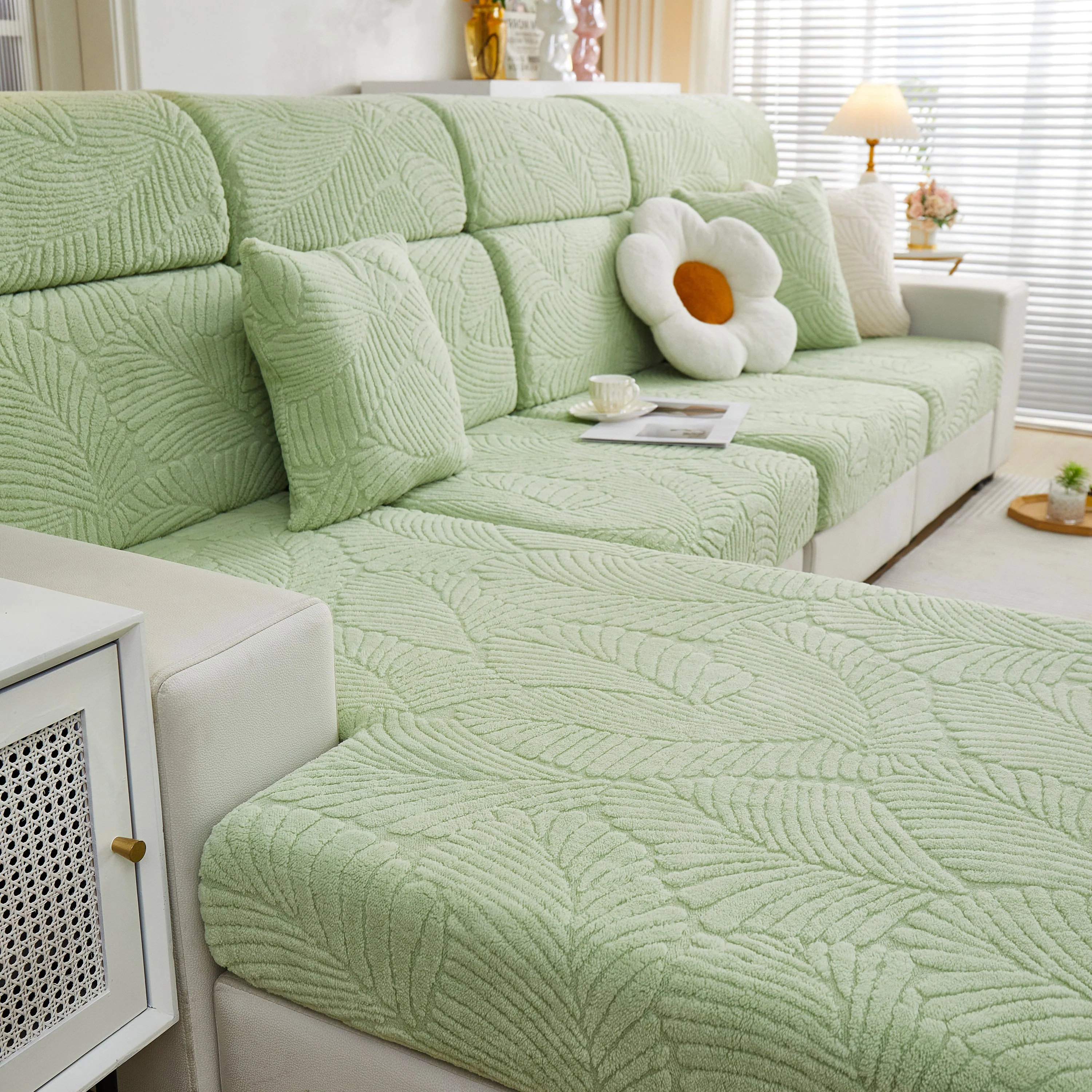 Cozy Plush Coral Fleece Sofa Cushion Slipcovers, Stretch Leaves Cushion Covers, Furniture Slipcovers - Image 56