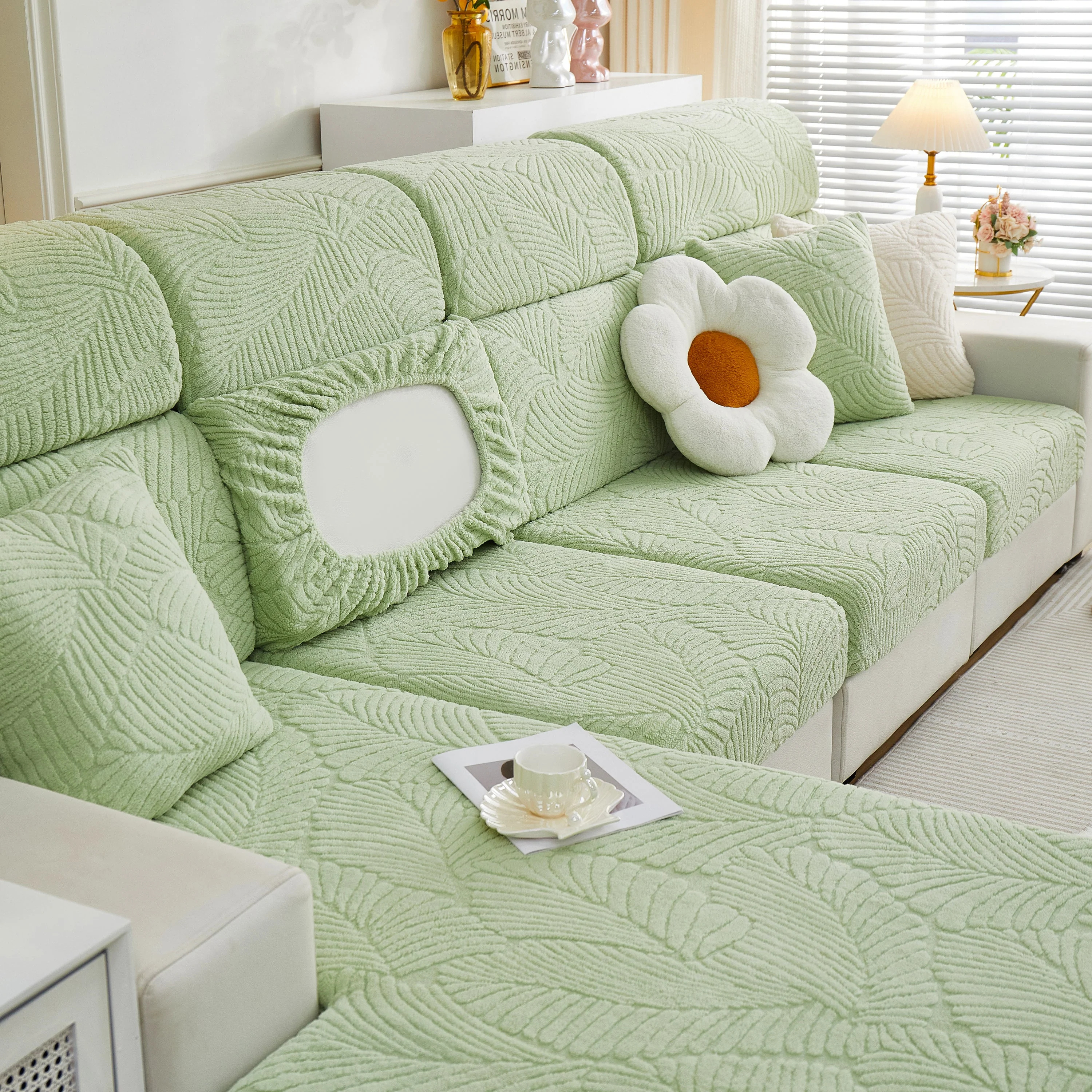Cozy Plush Coral Fleece Sofa Cushion Slipcovers, Stretch Leaves Cushion Covers, Furniture Slipcovers - Image 61
