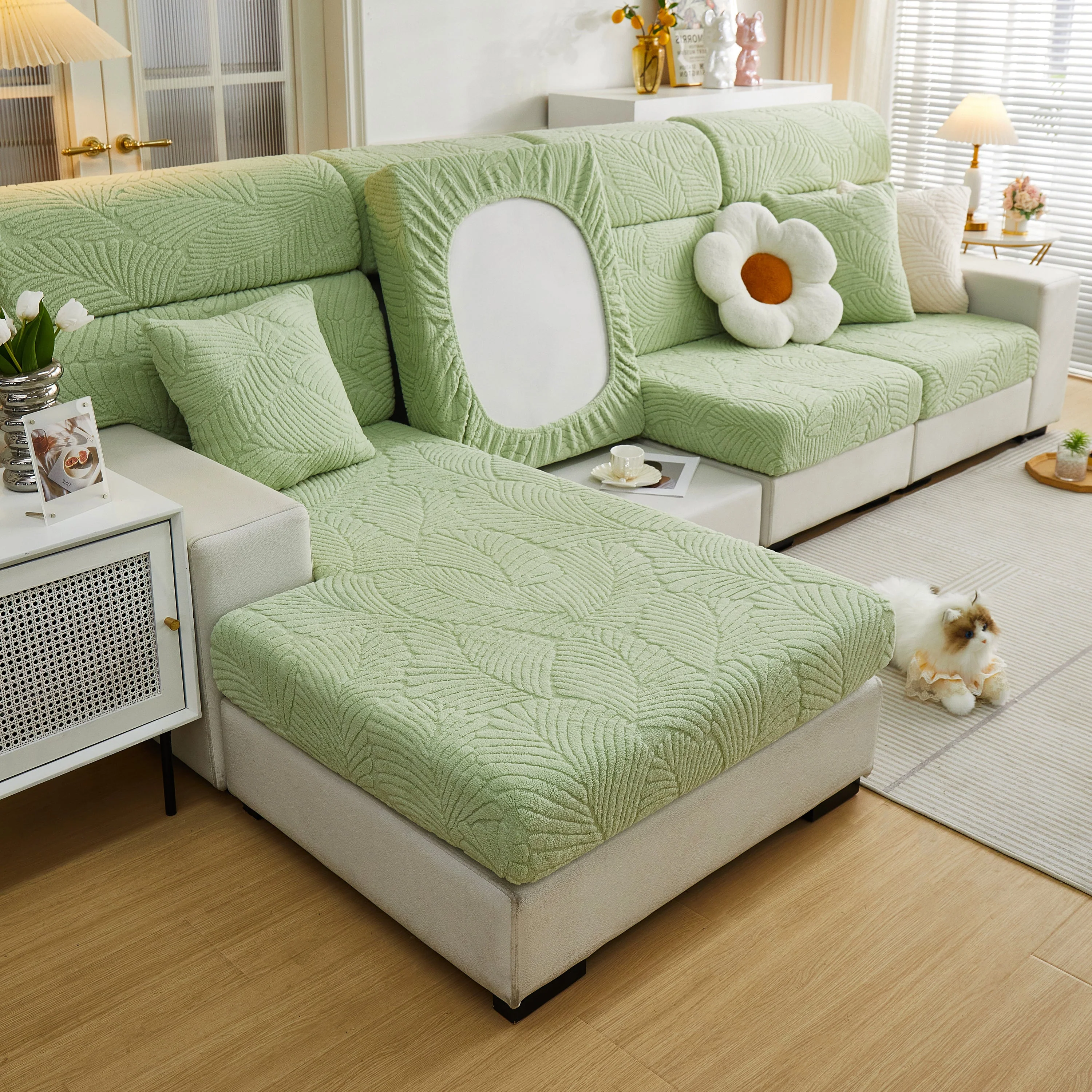 Cozy Plush Coral Fleece Sofa Cushion Slipcovers, Stretch Leaves Cushion Covers, Furniture Slipcovers - Image 62