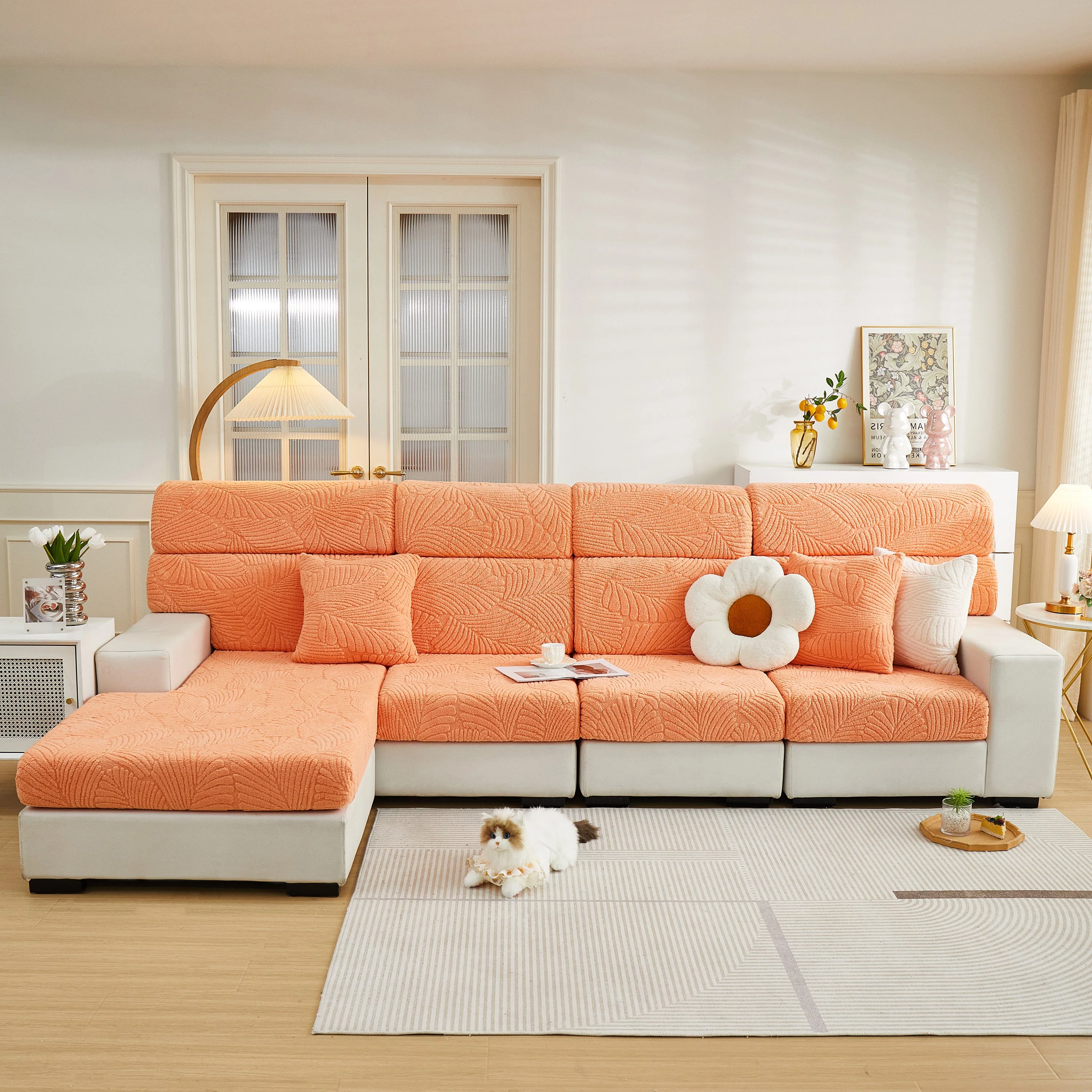 Cozy Plush Coral Fleece Sofa Cushion Slipcovers, Stretch Leaves Cushion Covers, Furniture Slipcovers - Image 88