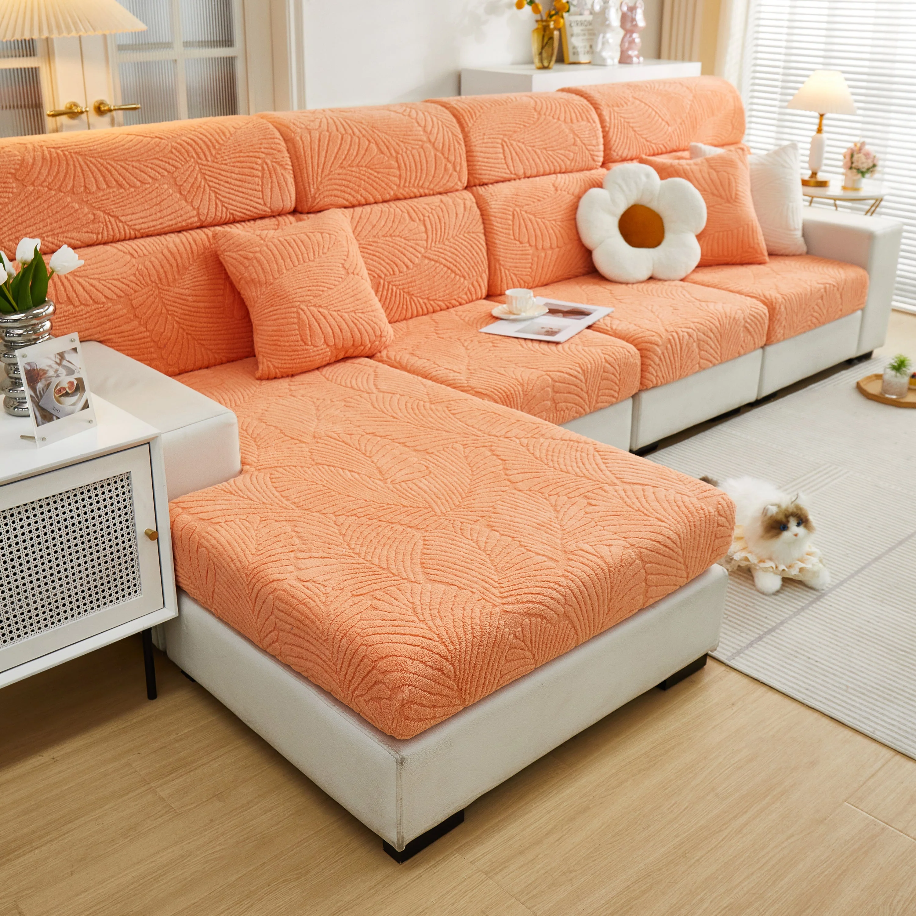 Cozy Plush Coral Fleece Sofa Cushion Slipcovers, Stretch Leaves Cushion Covers, Furniture Slipcovers - Image 90