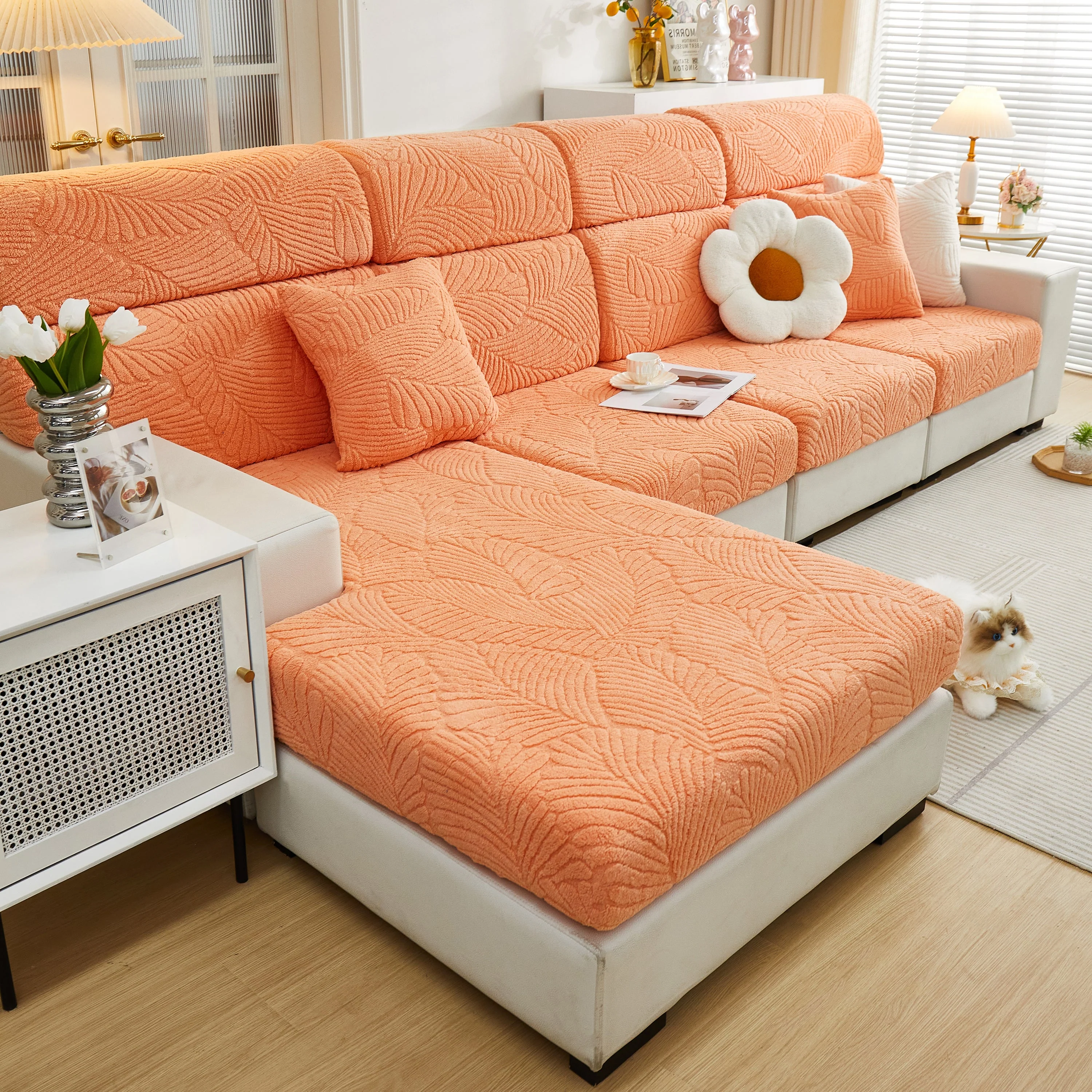 Cozy Plush Coral Fleece Sofa Cushion Slipcovers, Stretch Leaves Cushion Covers, Furniture Slipcovers - Image 91