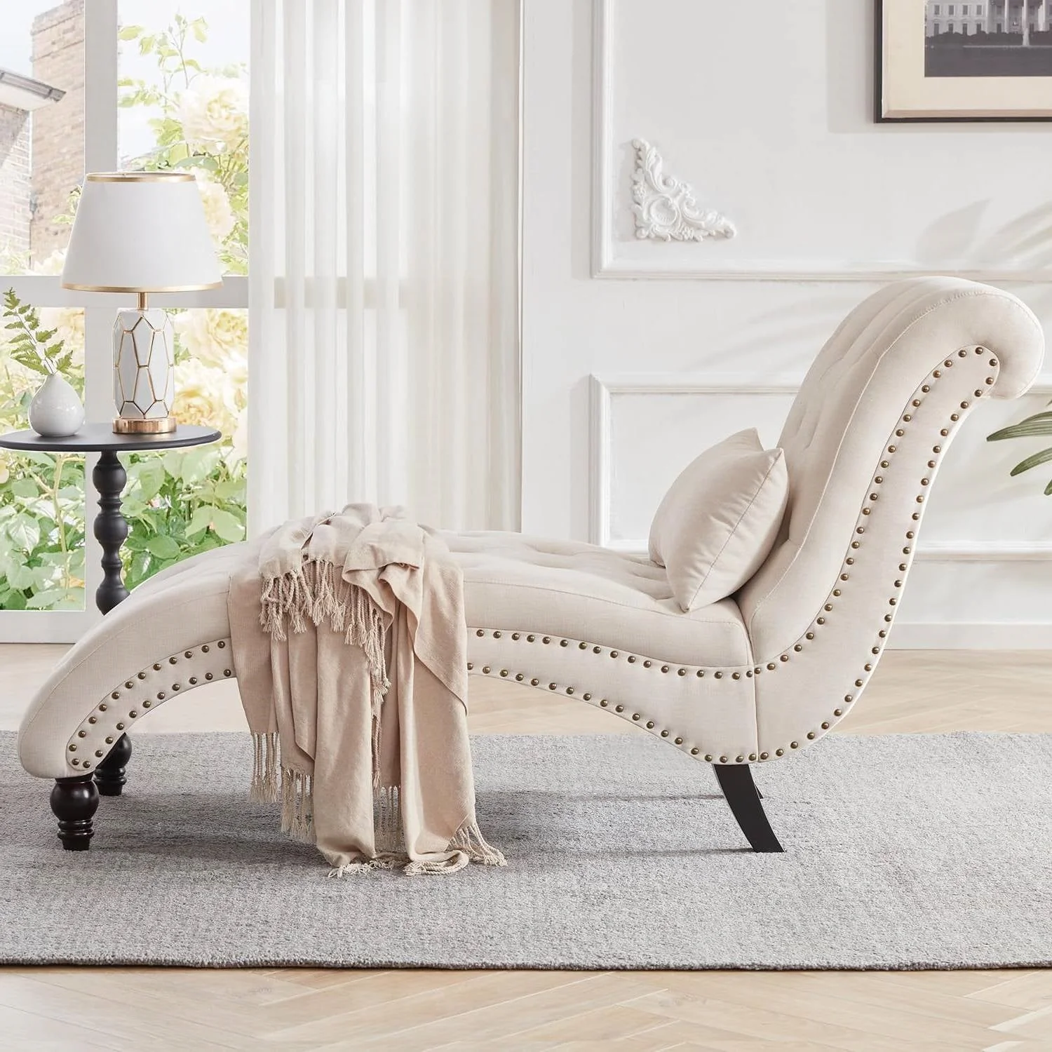 Cream Beige Linen Upholstered Armless Chaise Lounge Chair with Pillow - Image 2