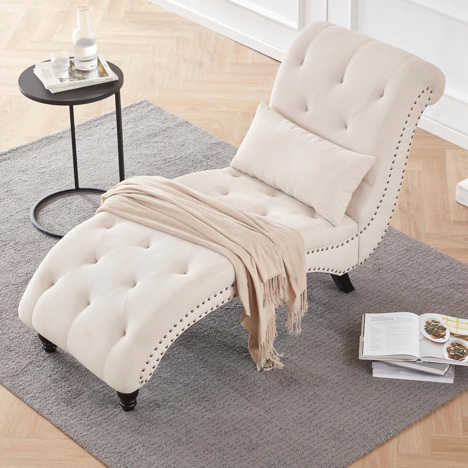 Cream Beige Linen Upholstered Armless Chaise Lounge Chair with Pillow - Image 3