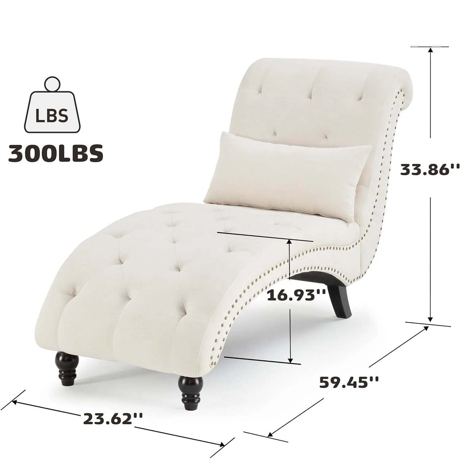 Cream Beige Linen Upholstered Armless Chaise Lounge Chair with Pillow - Image 4