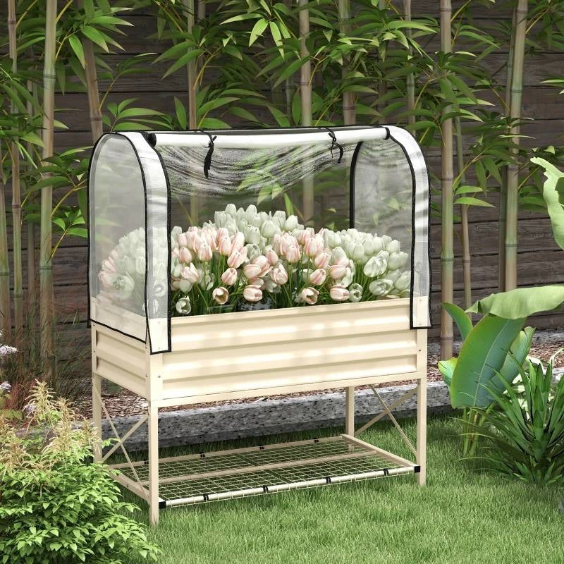 Cream Elevated Metal Raised Garden Bed w/ Greenhouse Cover - Image 2