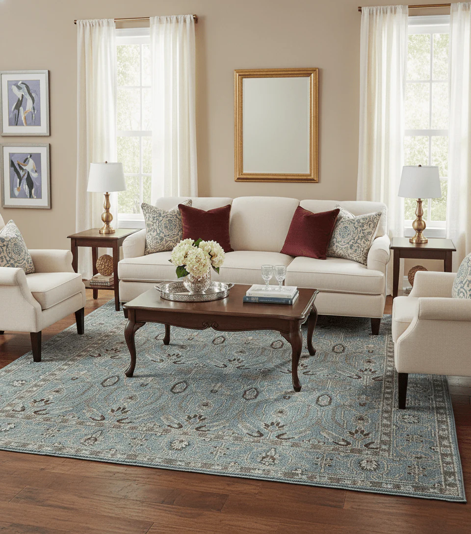 Crown Custom Made Traditional Design Blue Hand Knotted Wool Rug - Image 2