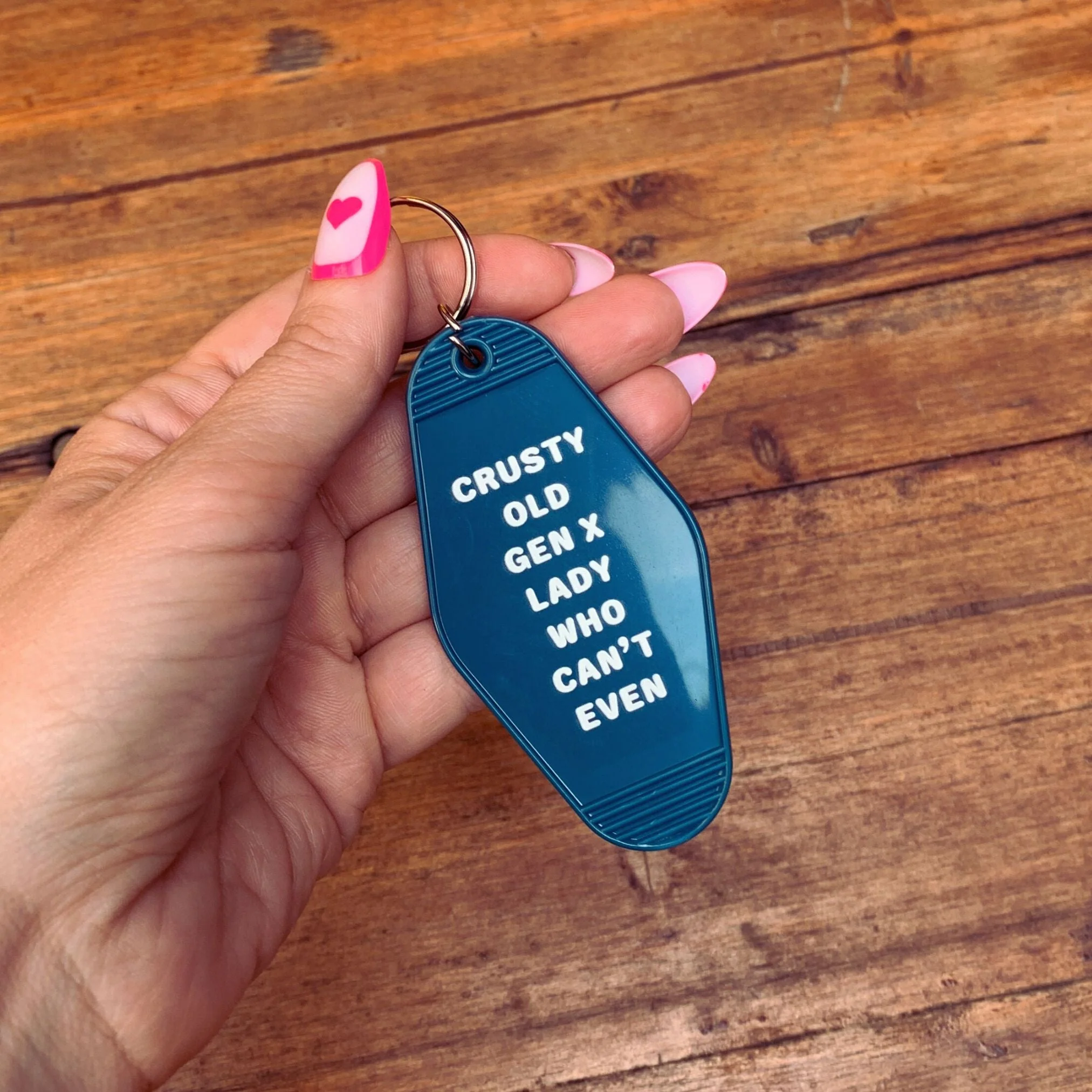 Crusty Old Gen X Lady Who Can't Even Motel Keychain in Blue - Image 2