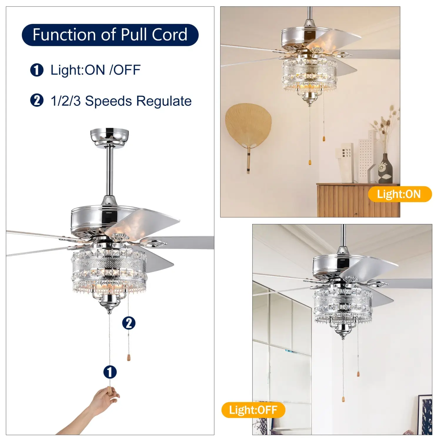 Crystal Ceiling Fan with 5 Reversible Blades and LED Chandelier - Image 2