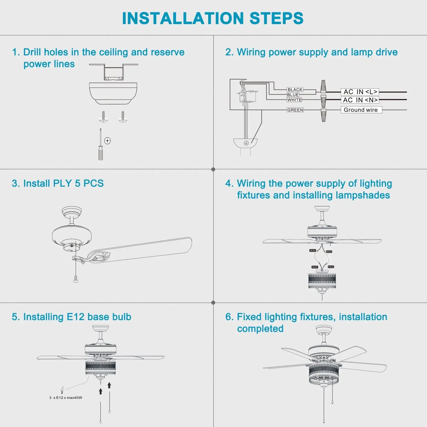 Crystal Ceiling Fan with 5 Reversible Blades and LED Chandelier - Image 3