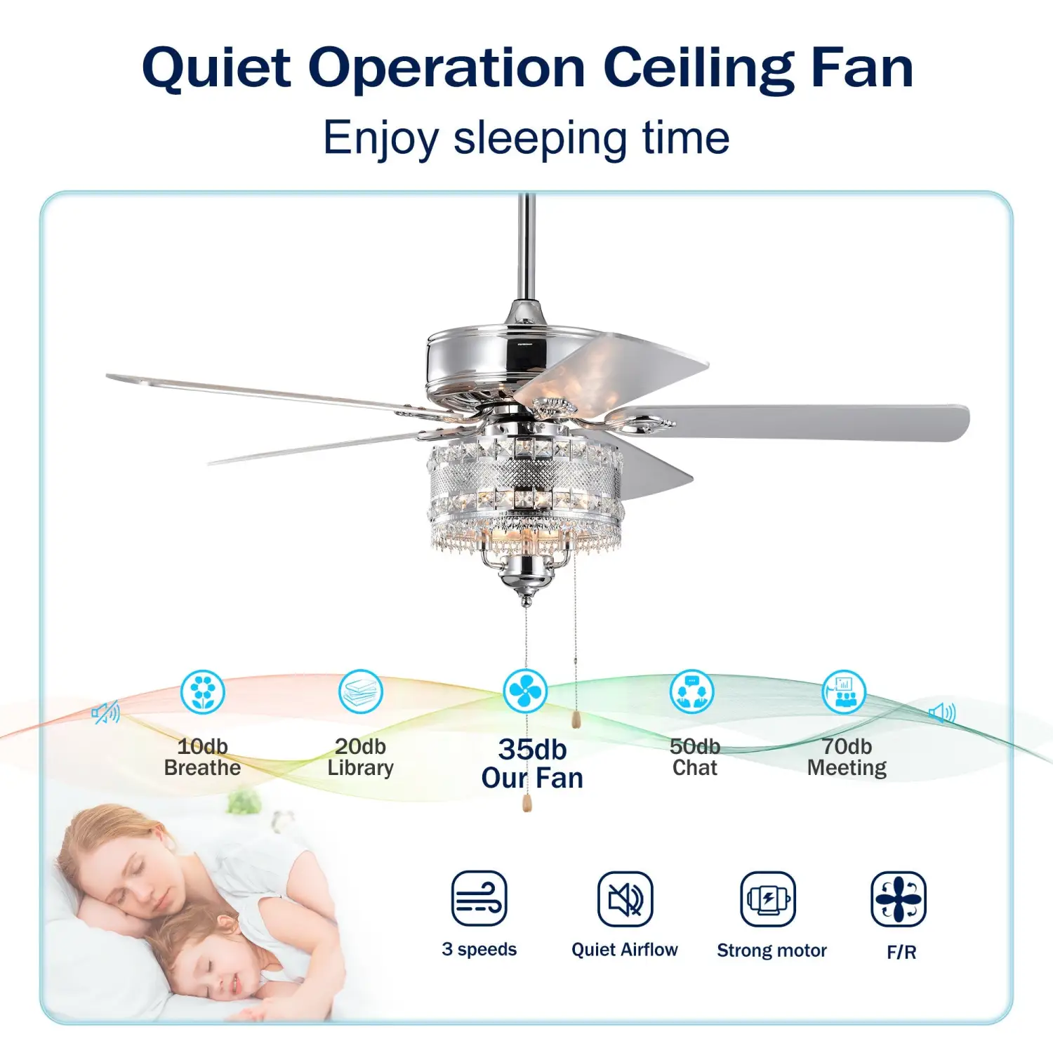 Crystal Ceiling Fan with 5 Reversible Blades and LED Chandelier - Image 4
