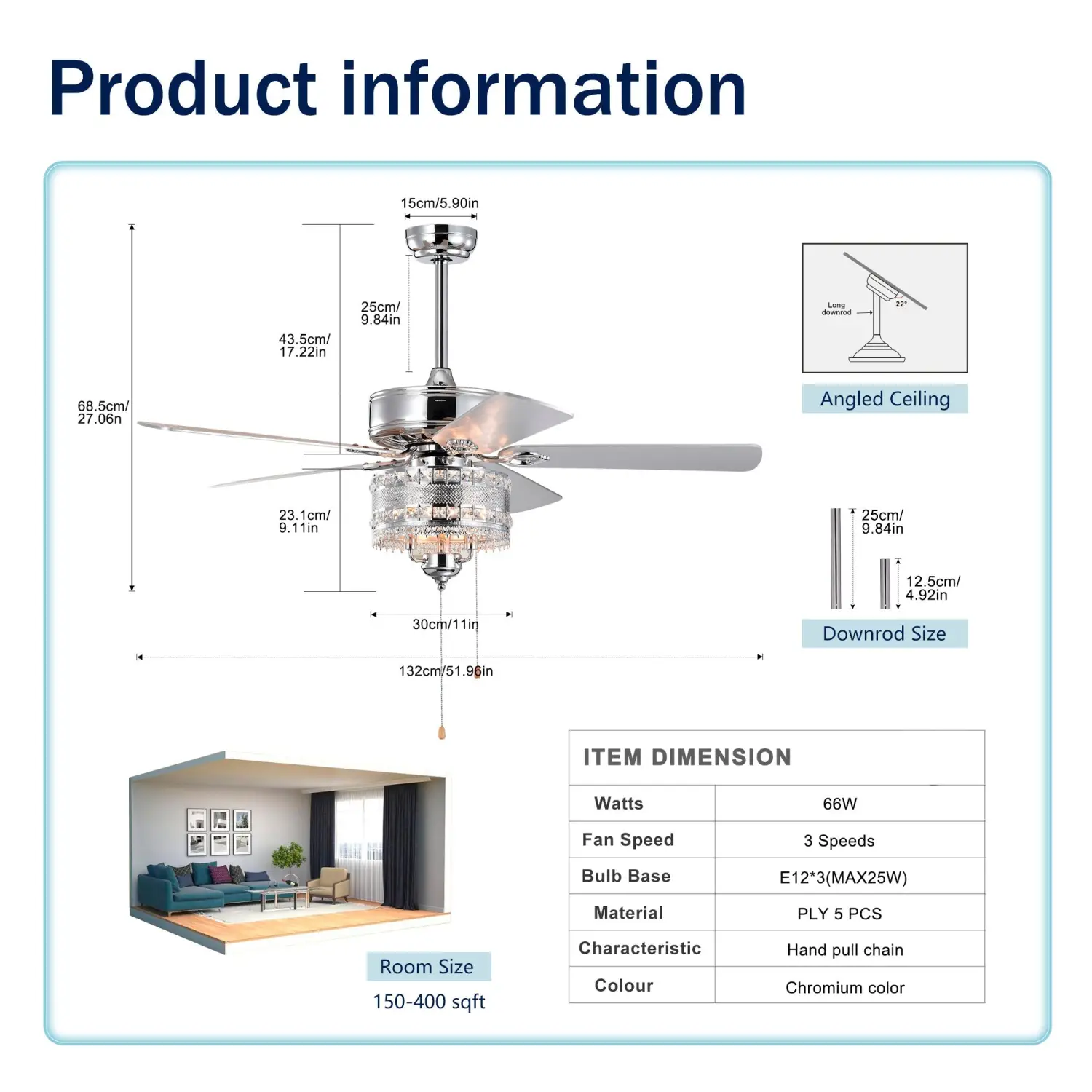 Crystal Ceiling Fan with 5 Reversible Blades and LED Chandelier - Image 5