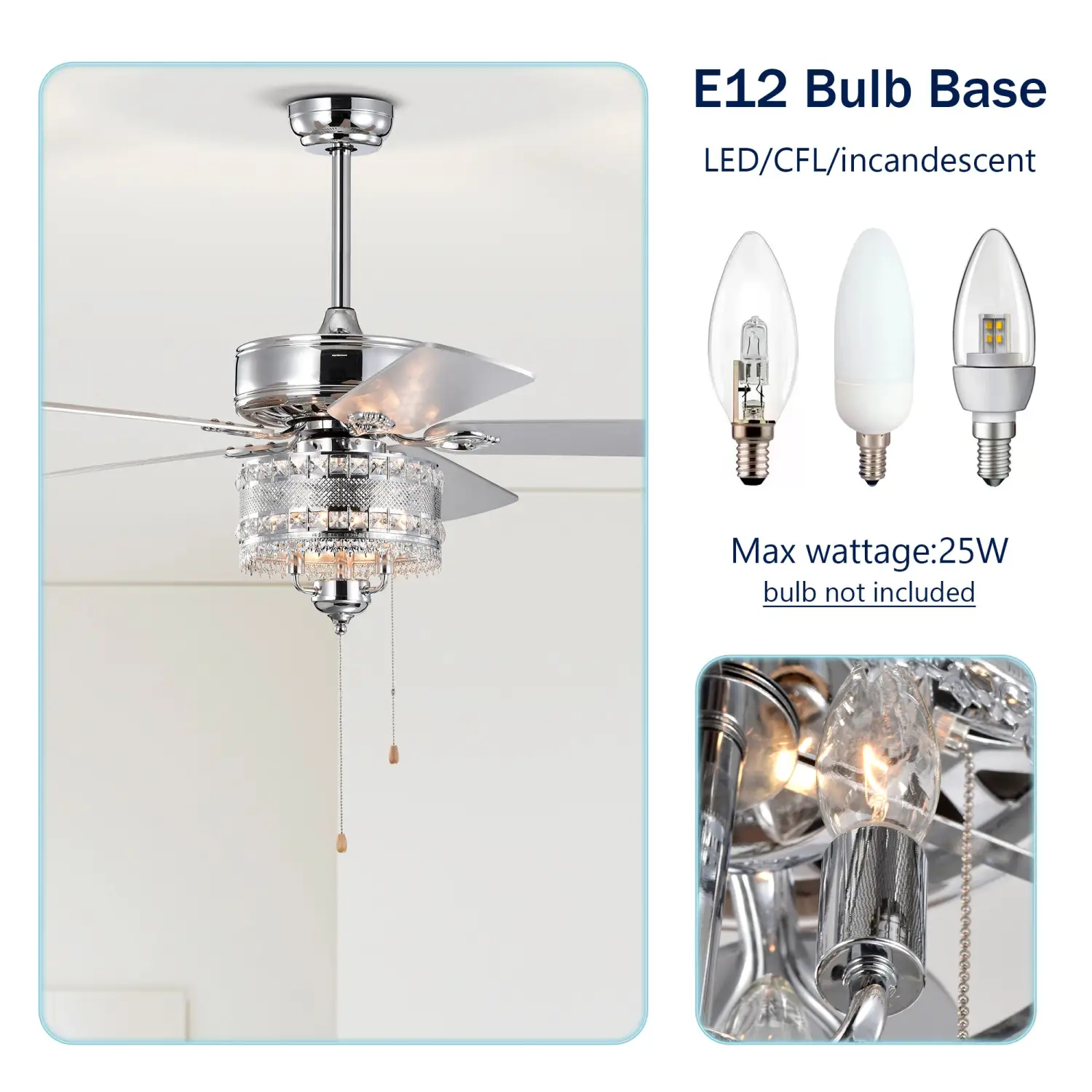 Crystal Ceiling Fan with 5 Reversible Blades and LED Chandelier - Image 9