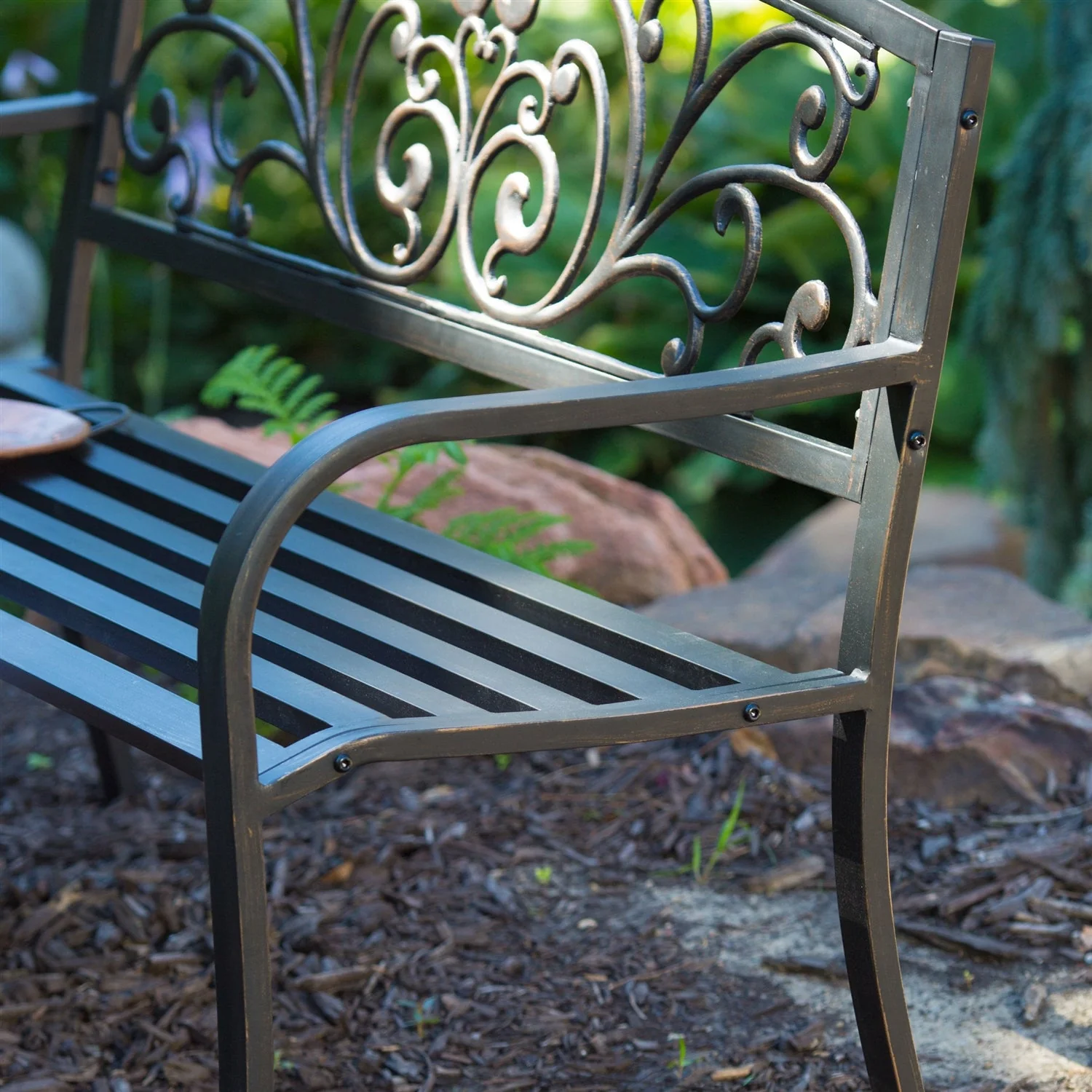 Curved Metal Garden Bench with Heart Pattern in Black Antique Bronze Finish - Image 2