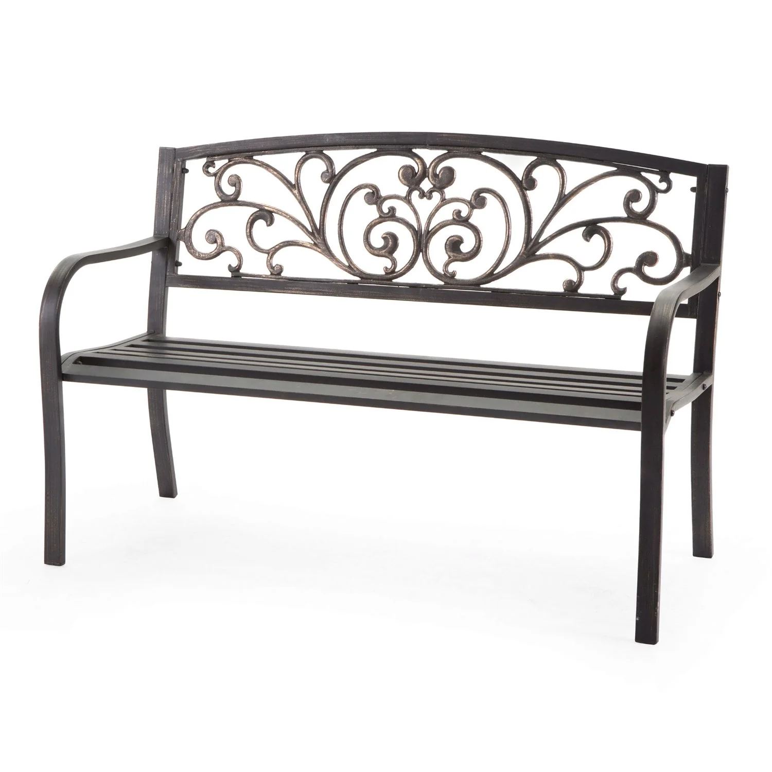 Curved Metal Garden Bench with Heart Pattern in Black Antique Bronze Finish - Image 3