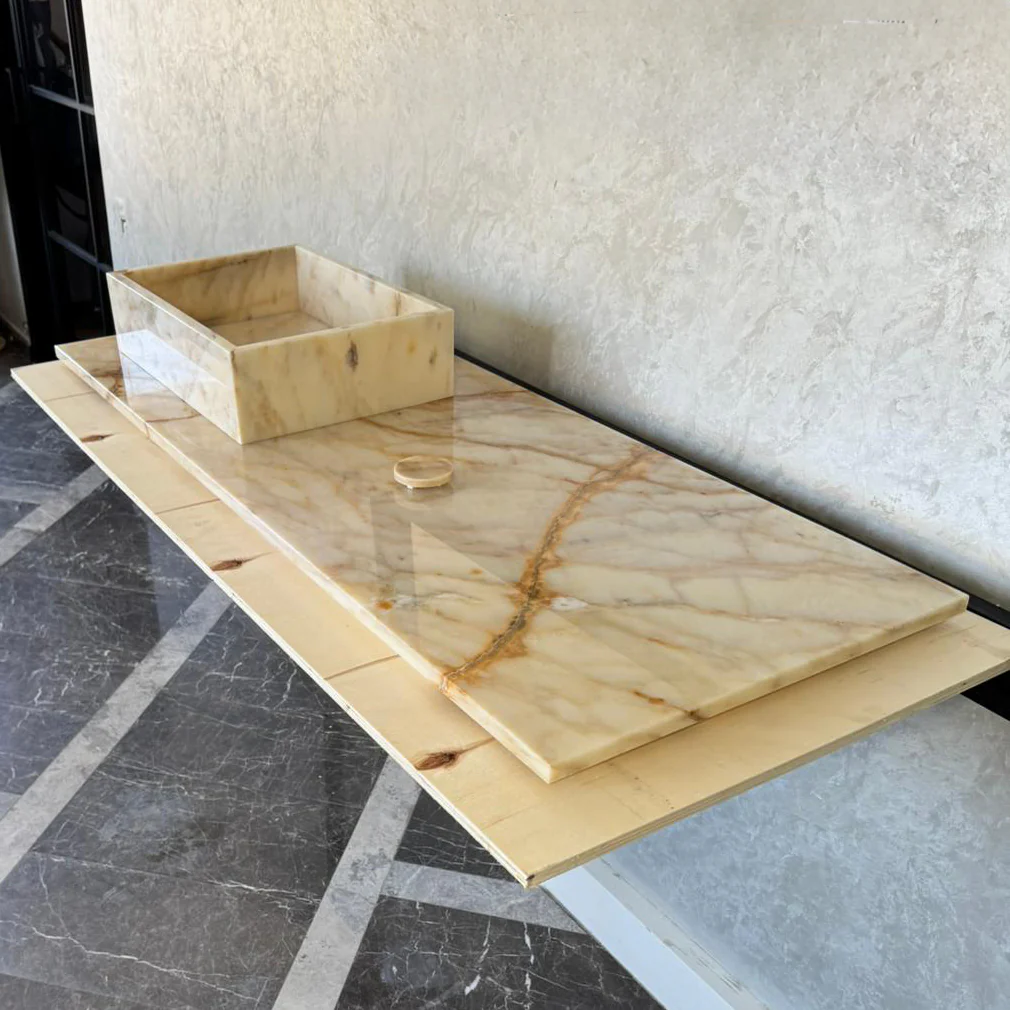 Custom Calacatta Gold Marble Sink – Handmade Natural Stone Bathroom Basin, Luxury Goldish Marble Vanity Top, Countertop and Sink (NS-084) - Image 3