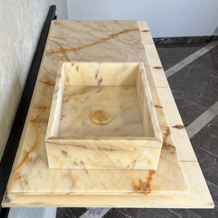 Custom Calacatta Gold Marble Sink – Handmade Natural Stone Bathroom Basin, Luxury Goldish Marble Vanity Top, Countertop and Sink (NS-084) - Image 6