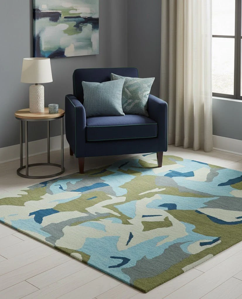 Custom Made Abstract Blue And Green Wool Rug - Image 2