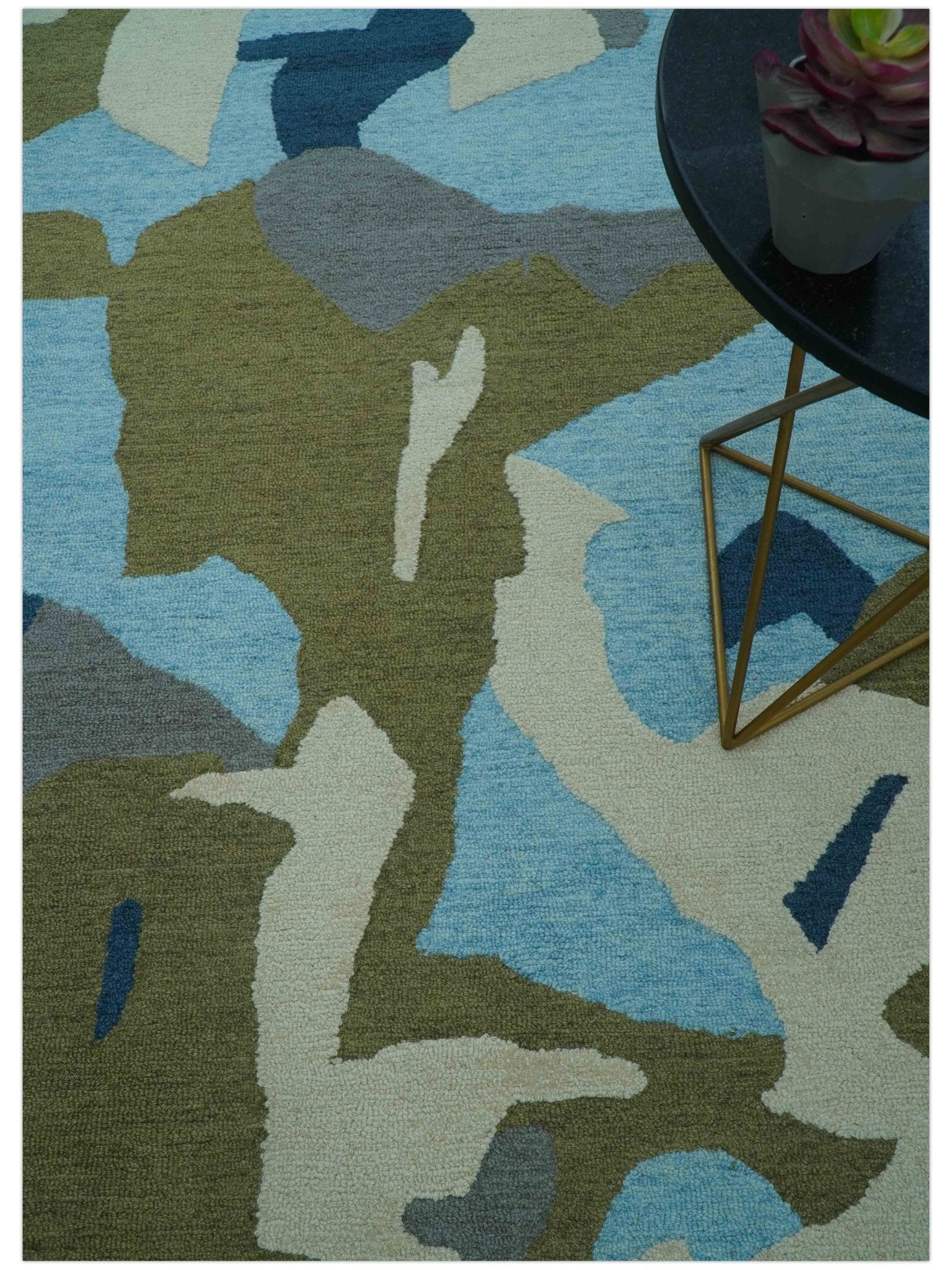 Custom Made Abstract Blue And Green Wool Rug - Image 3