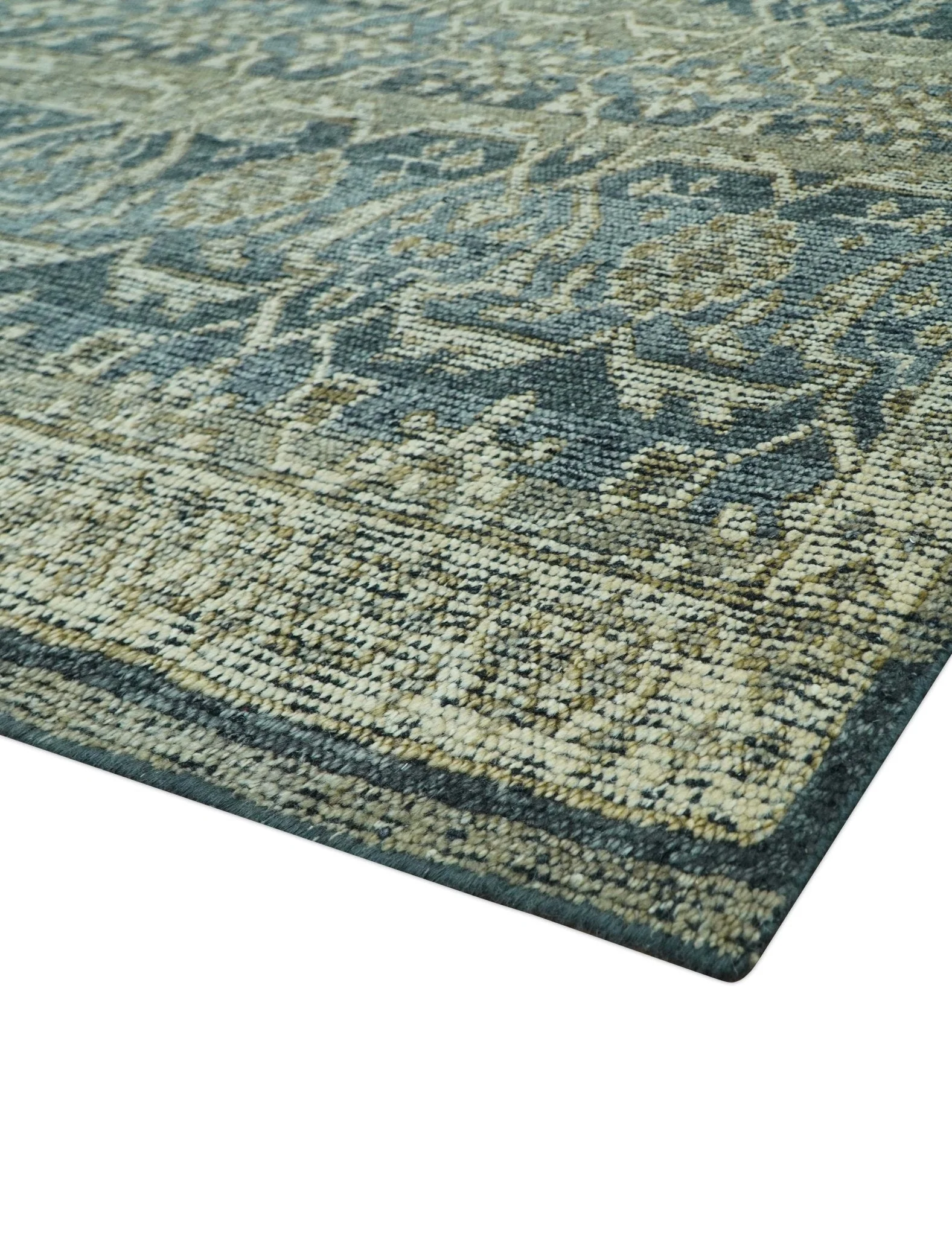 Custom Made Antique Charcoal Blue Transitional Hand Knotted Wool Area Rug - Image 6