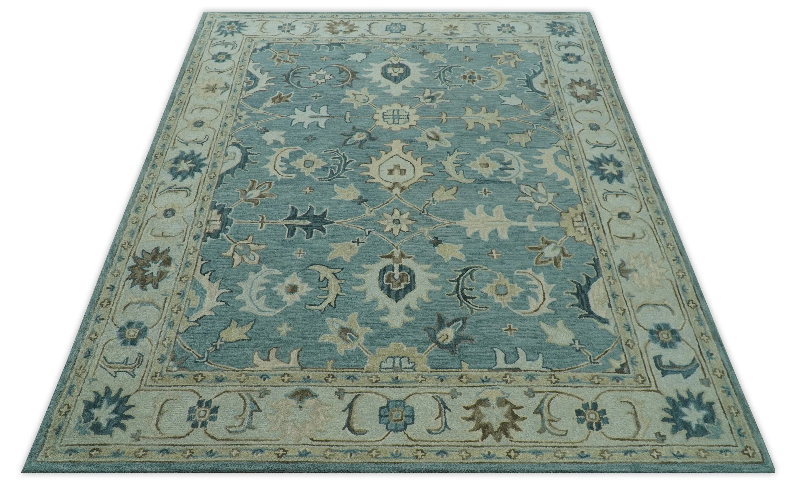 Custom Made Aqua, Ivory and Beige Hand Tufted Oriental Oushak wool area rug - Image 10