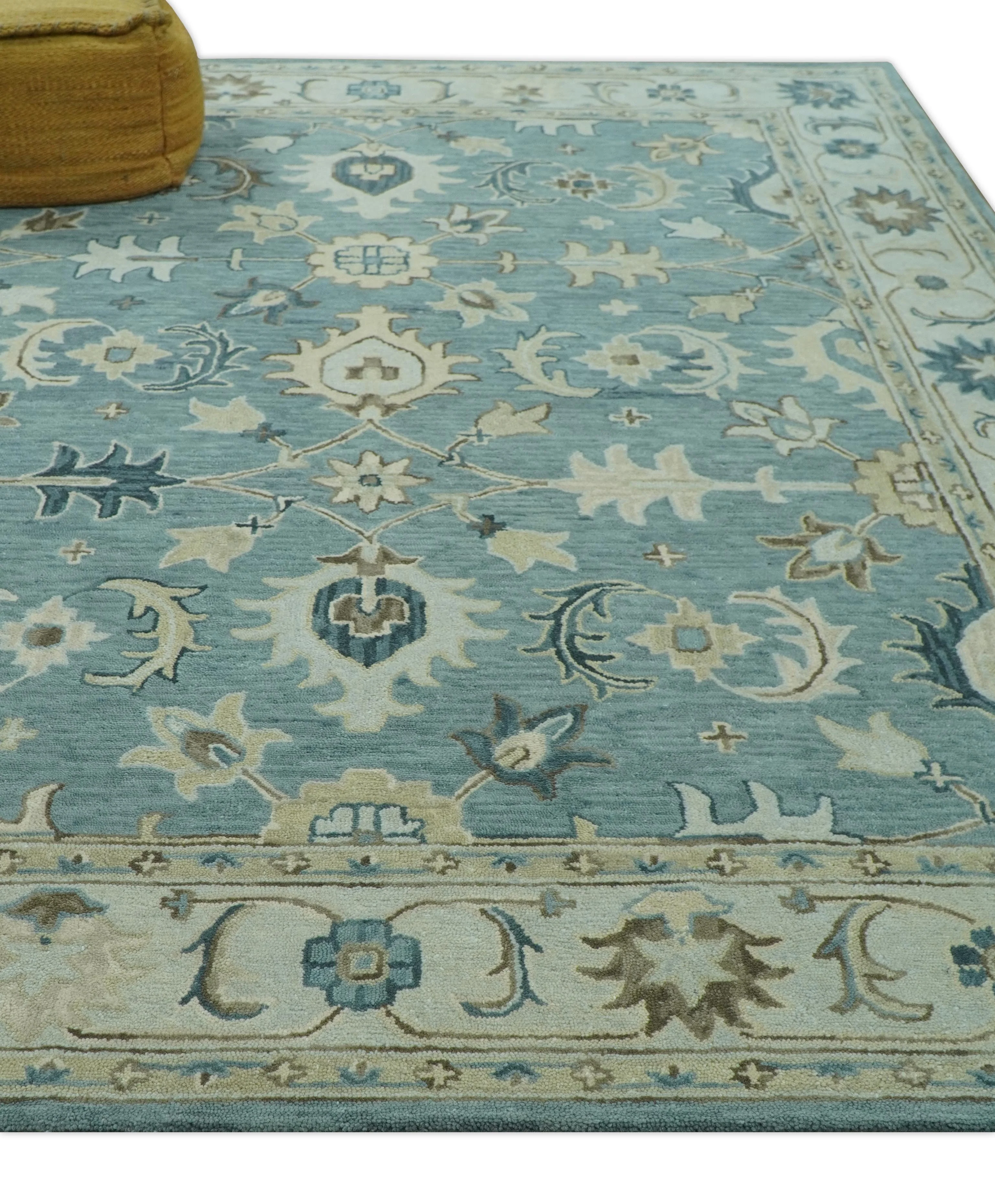 Custom Made Aqua, Ivory and Beige Hand Tufted Oriental Oushak wool area rug - Image 3