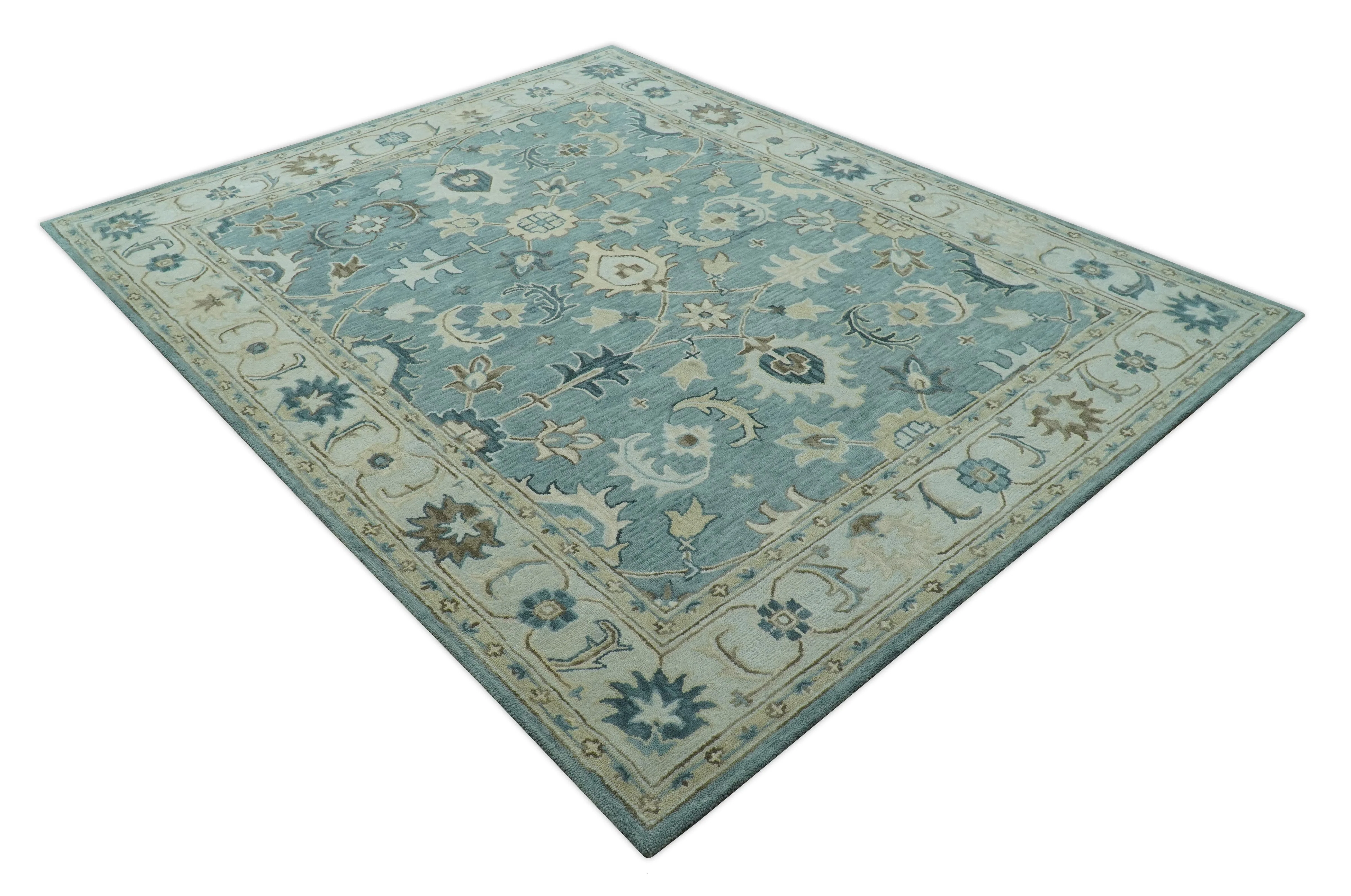 Custom Made Aqua, Ivory and Beige Hand Tufted Oriental Oushak wool area rug - Image 9