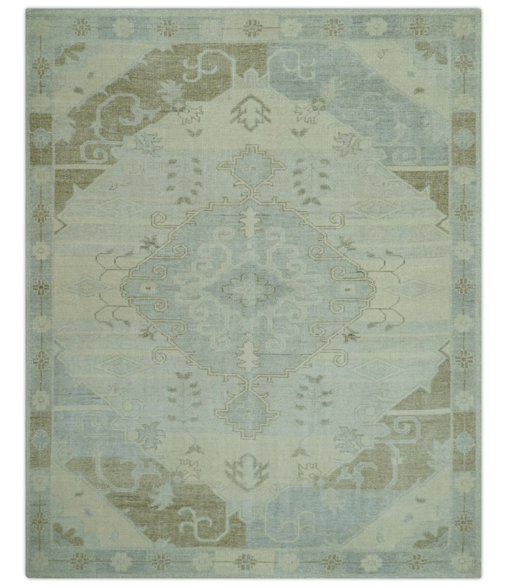 Custom Made Beige And Blue Traditional Turkish Design Hand knotted Wool Rug - Image 10