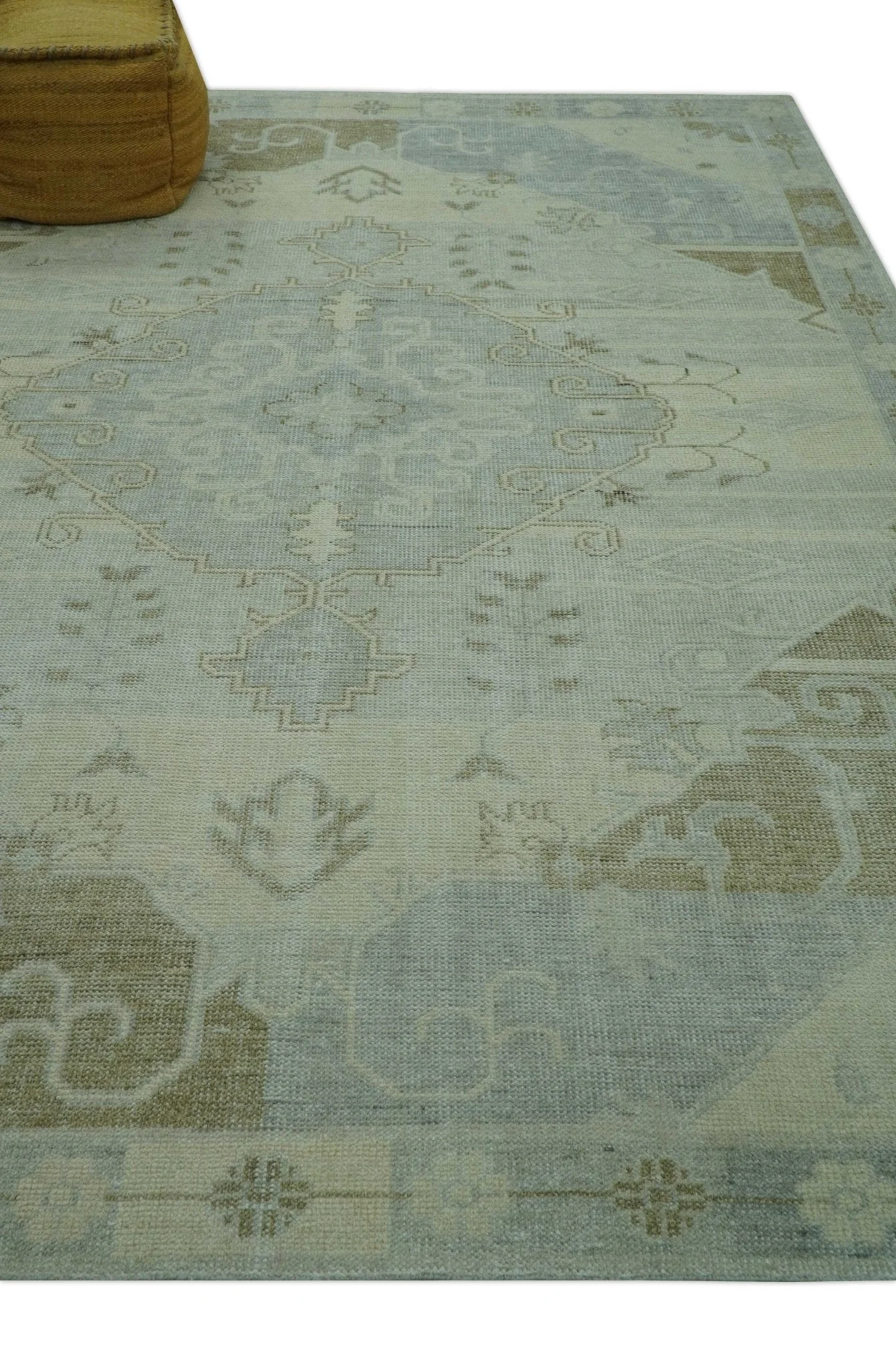 Custom Made Beige And Blue Traditional Turkish Design Hand knotted Wool Rug - Image 9