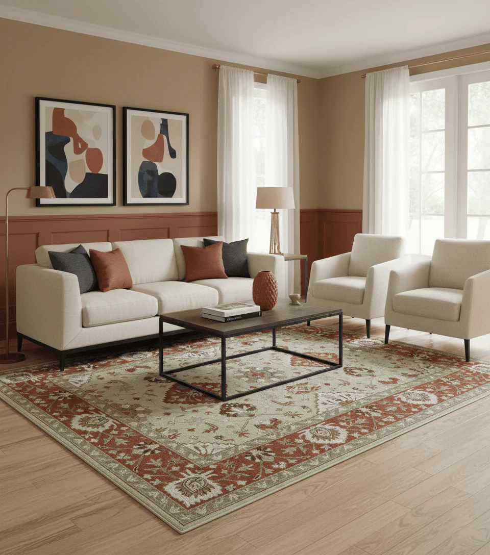 Custom Made Beige And Brown Traditional Oriental Design Hand Tufted Wool Area Rug - Image 2