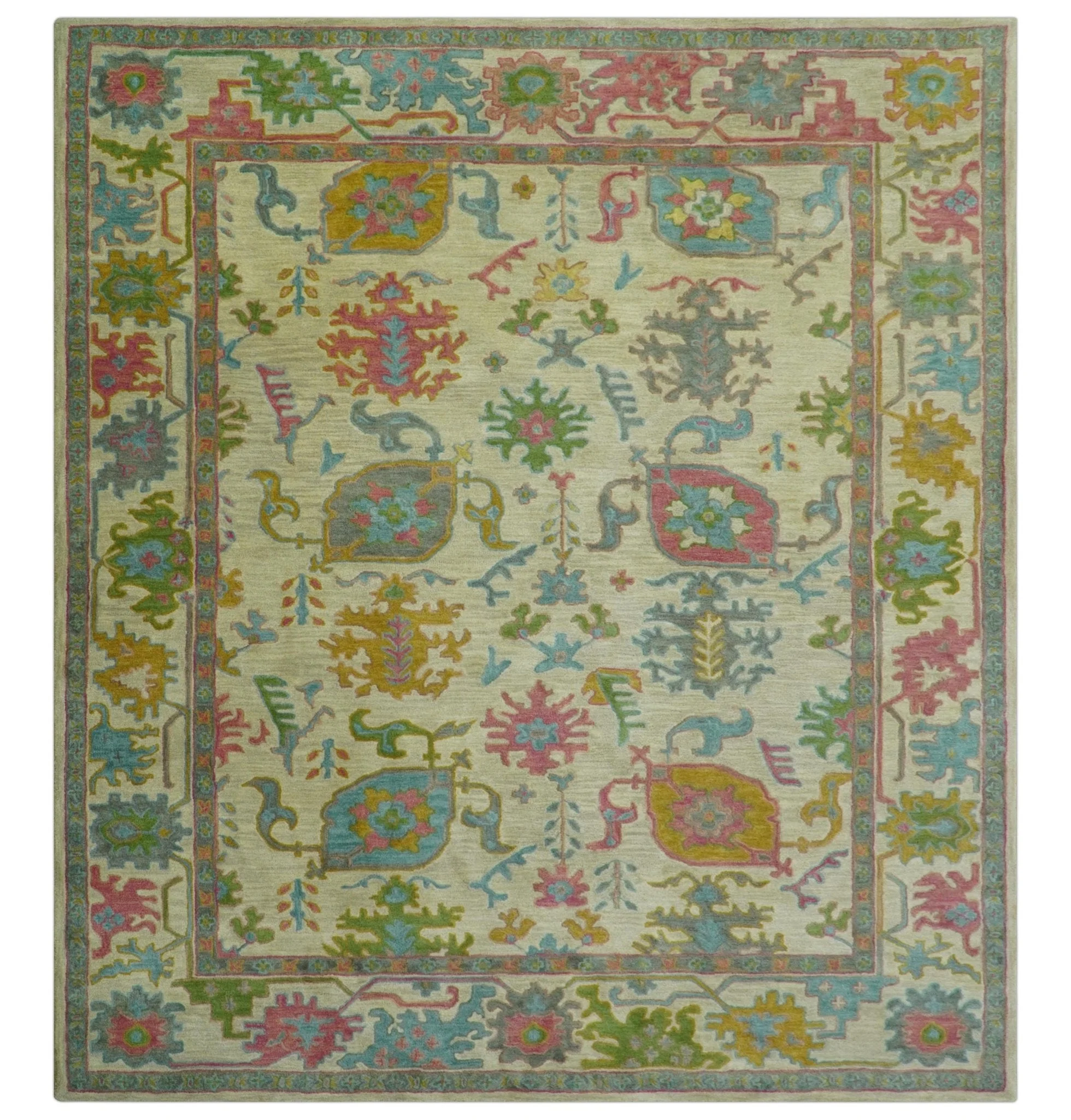Custom Made Beige And Green Traditional Oushak Design Hand Tufted Wool Rug