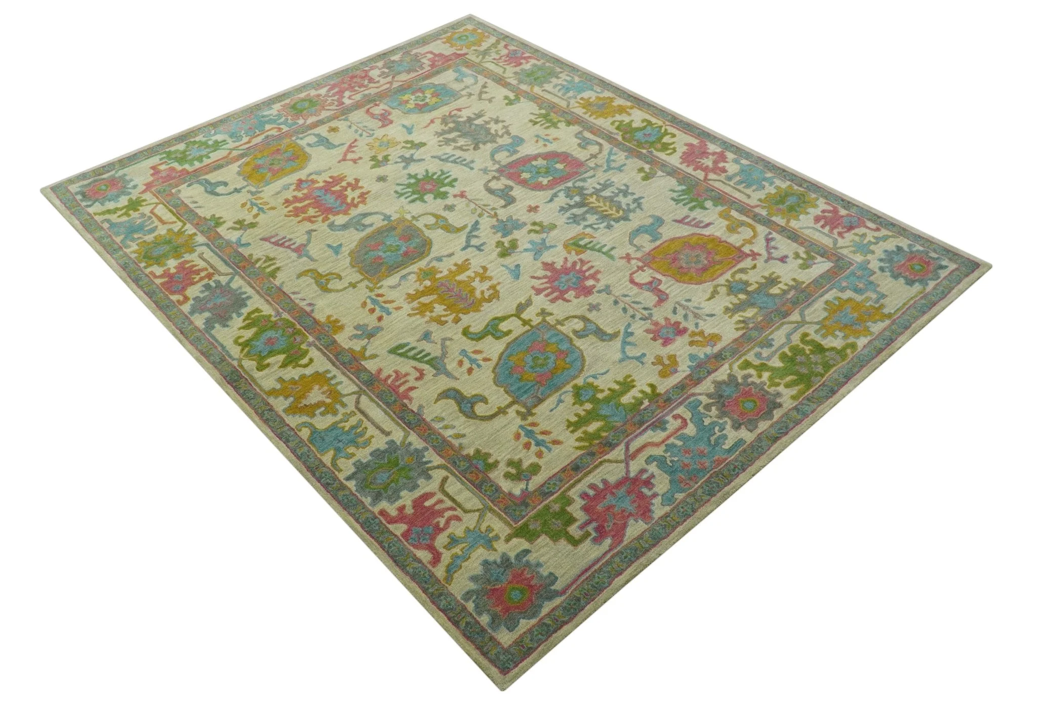 Custom Made Beige And Green Traditional Oushak Design Hand Tufted Wool Rug - Image 11