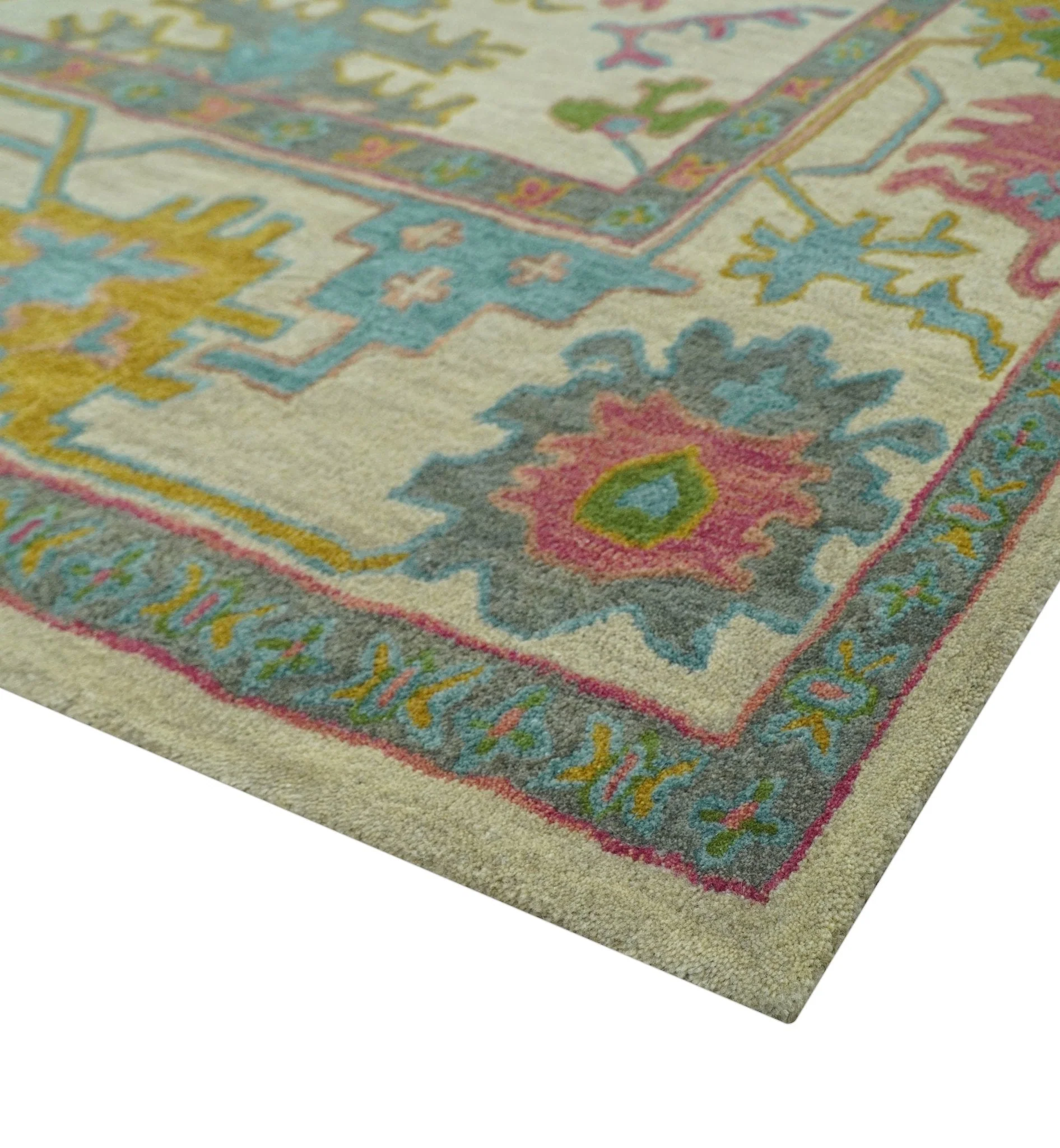 Custom Made Beige And Green Traditional Oushak Design Hand Tufted Wool Rug - Image 3