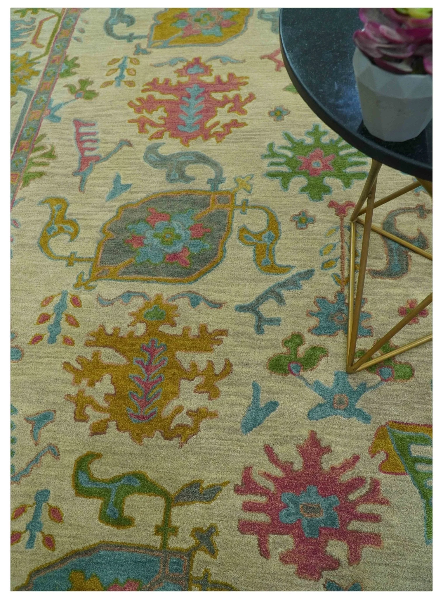 Custom Made Beige And Green Traditional Oushak Design Hand Tufted Wool Rug - Image 8