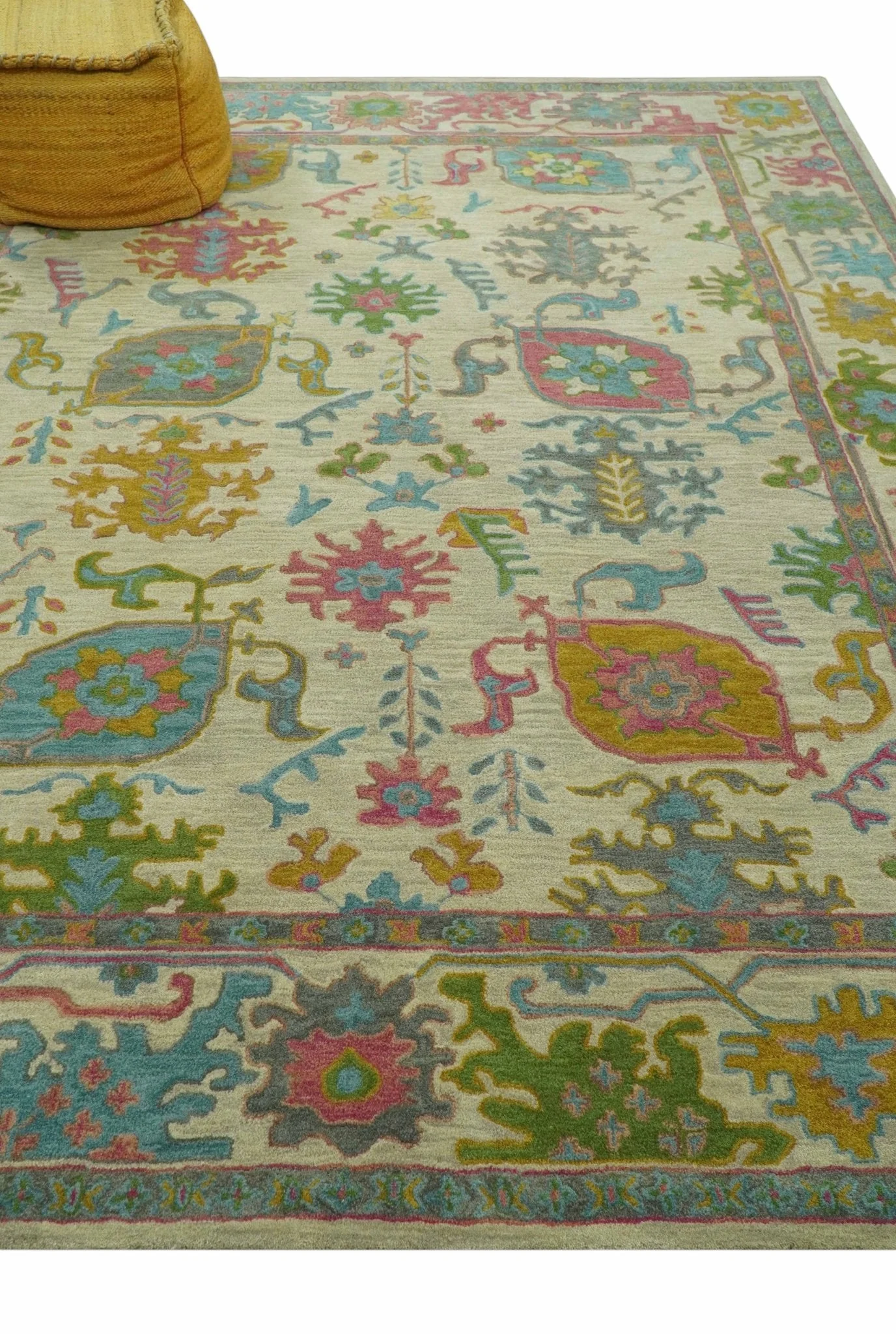 Custom Made Beige And Green Traditional Oushak Design Hand Tufted Wool Rug - Image 9