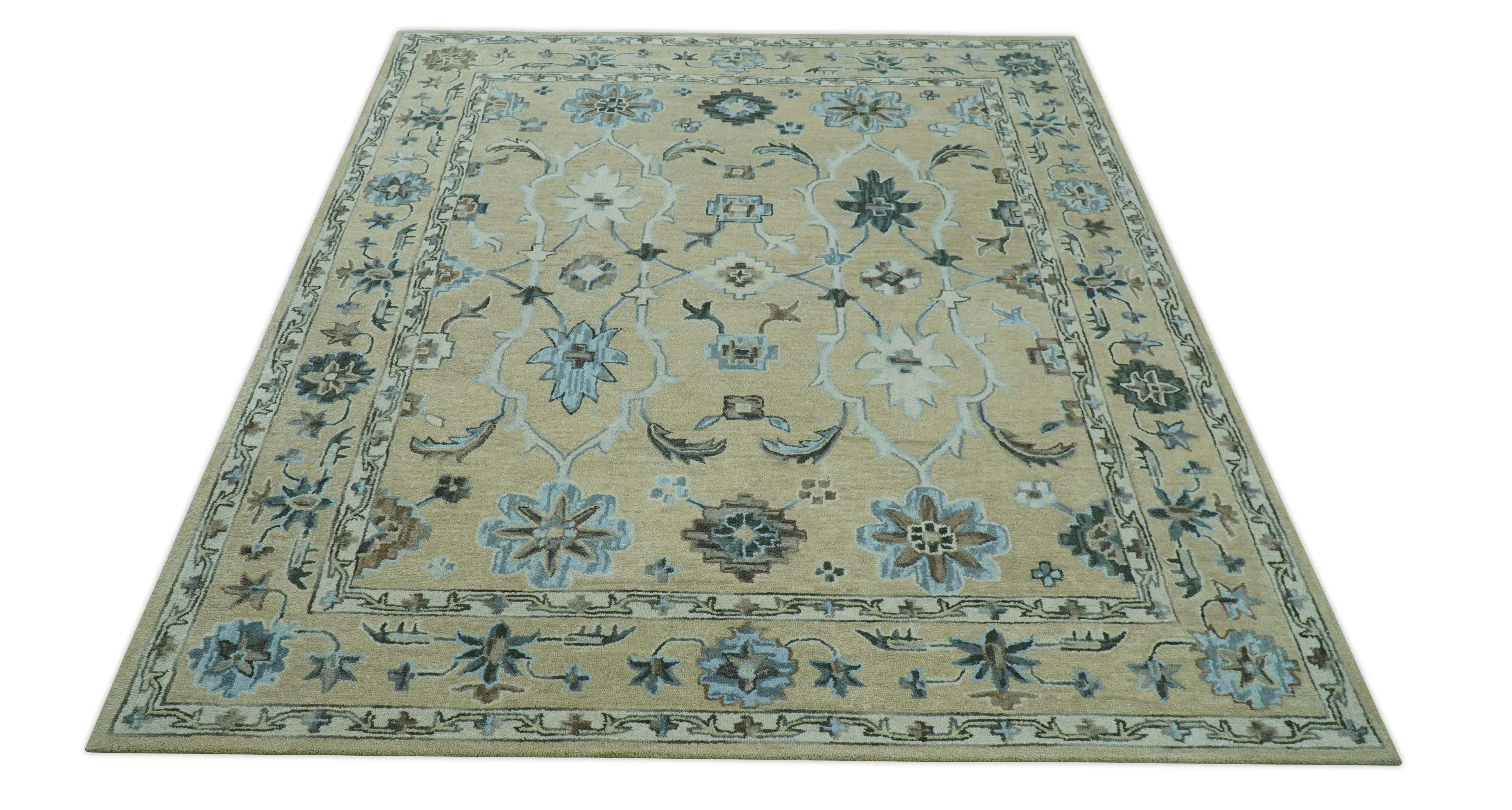 Custom Made Beige, Ivory and Blue Hand Tufted Floral Oriental Oushak wool area rug - Image 10