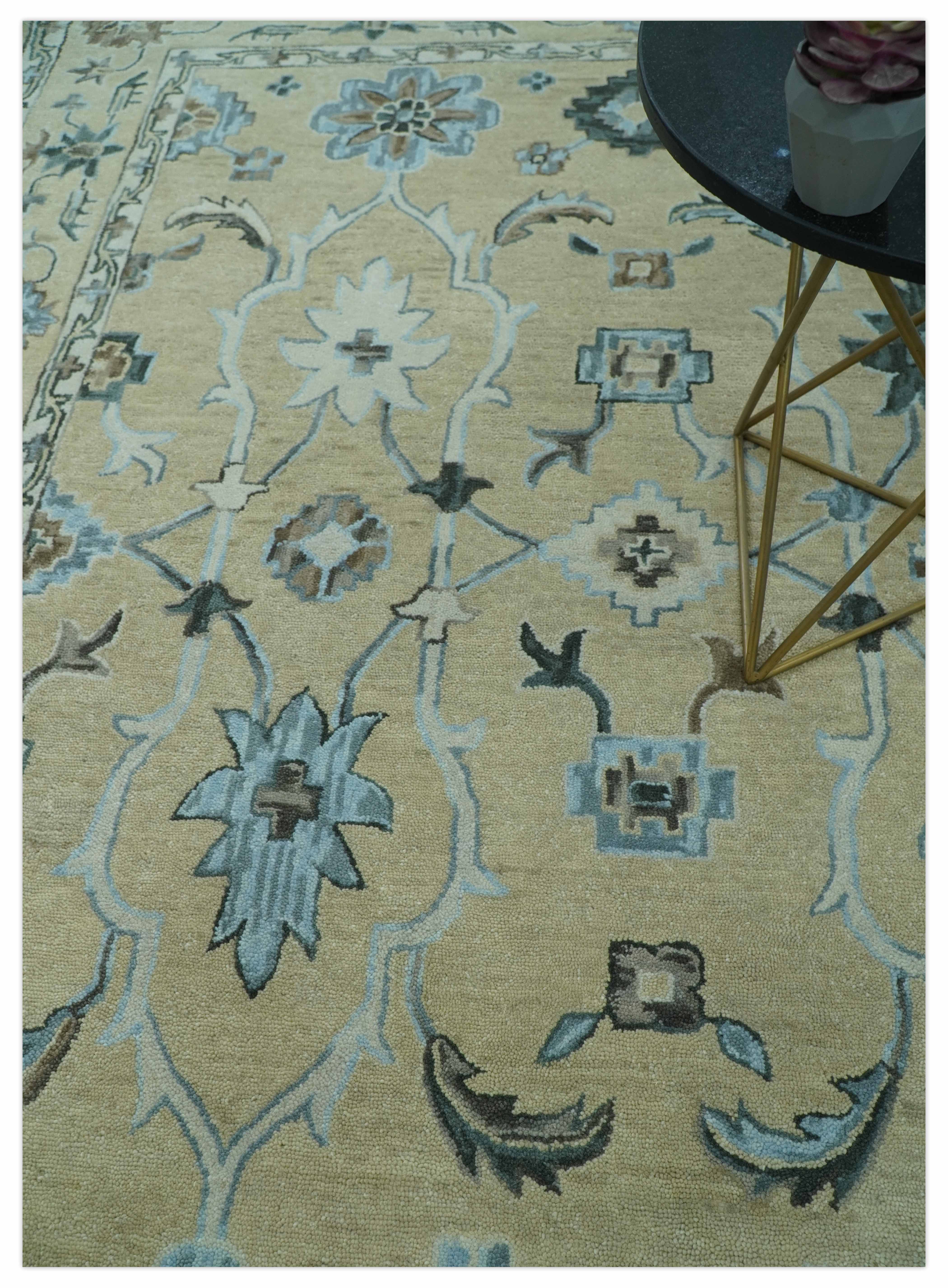 Custom Made Beige, Ivory and Blue Hand Tufted Floral Oriental Oushak wool area rug - Image 2