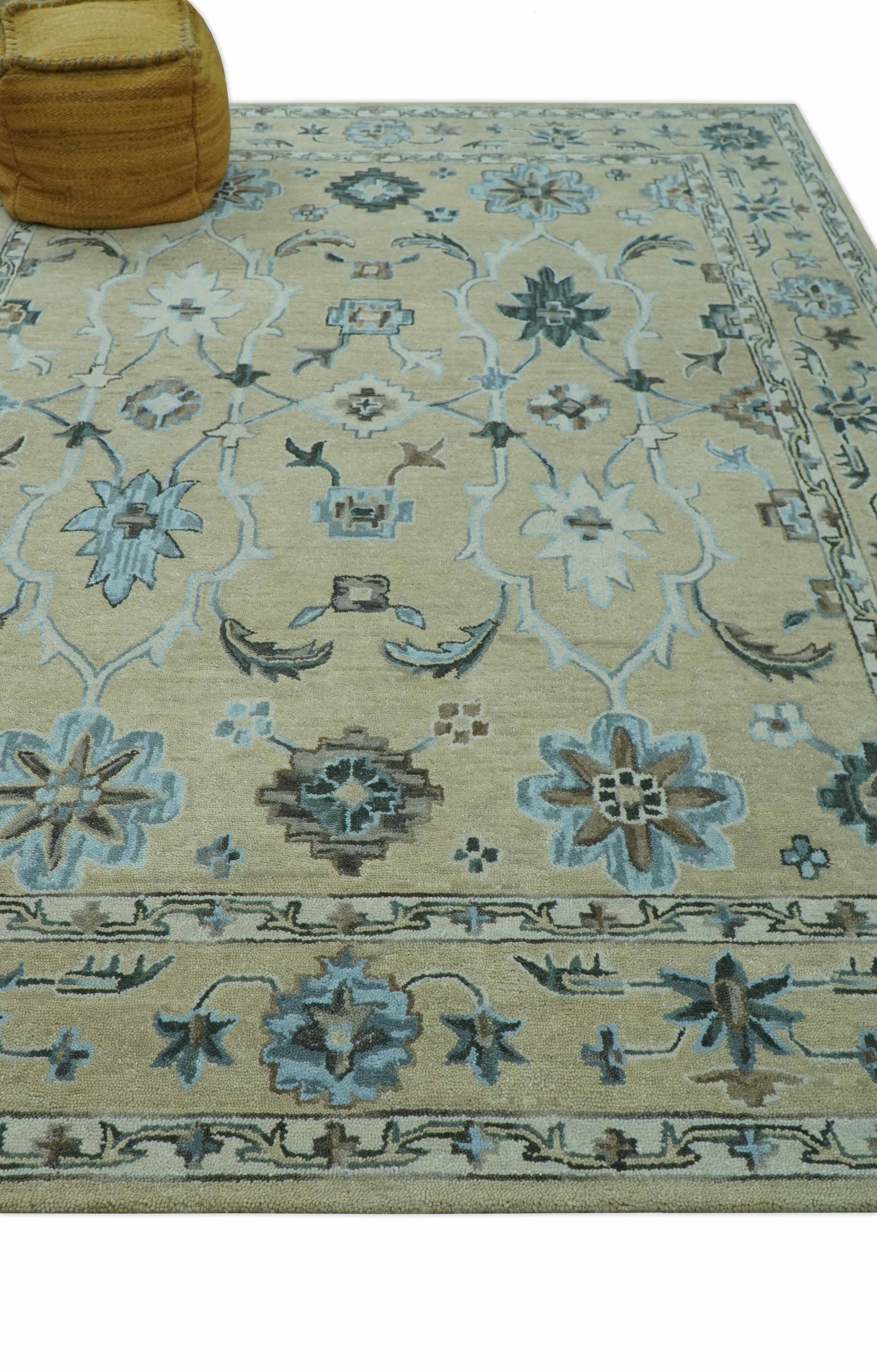Custom Made Beige, Ivory and Blue Hand Tufted Floral Oriental Oushak wool area rug - Image 3